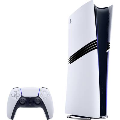 Weiße Spielekonsole mit passendem Controller, vertikal aufgestellt.