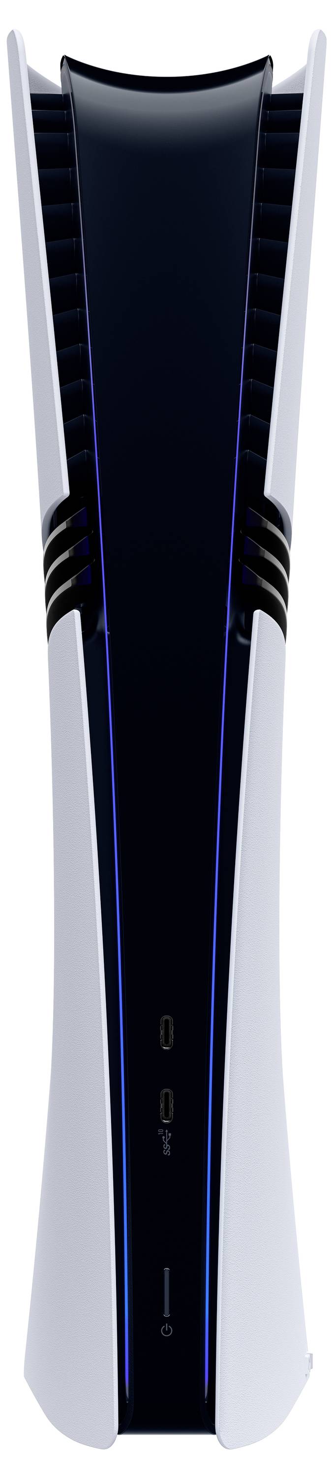 Videospielkonsole mit modernem Design, vertikal aufgestellt, schwarze und weiße Farbtöne, symmetrische Formgebung.