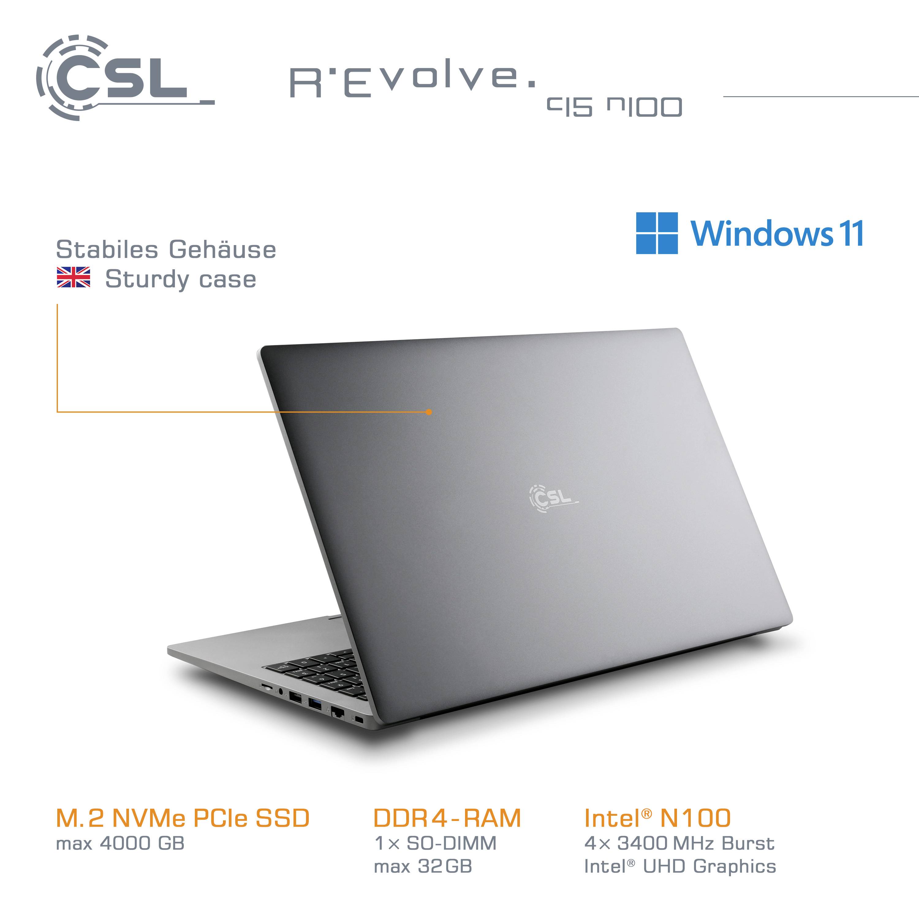 Silberner Laptop mit CSL-Logo, beworben als robustes Gehäuse, Windows 11, M.2 NVMe PCIe SSD 4000 MB/s, DDR4-RAM 32GB, Intel N100 Prozessor.