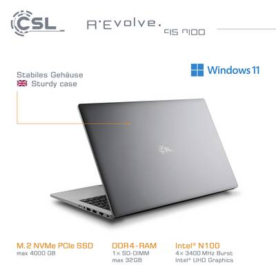 Silberner Laptop mit CSL-Logo, beworben als robustes Gehäuse, Windows 11, M.2 NVMe PCIe SSD 4000 MB/s, DDR4-RAM 32GB, Intel N100 Prozessor.