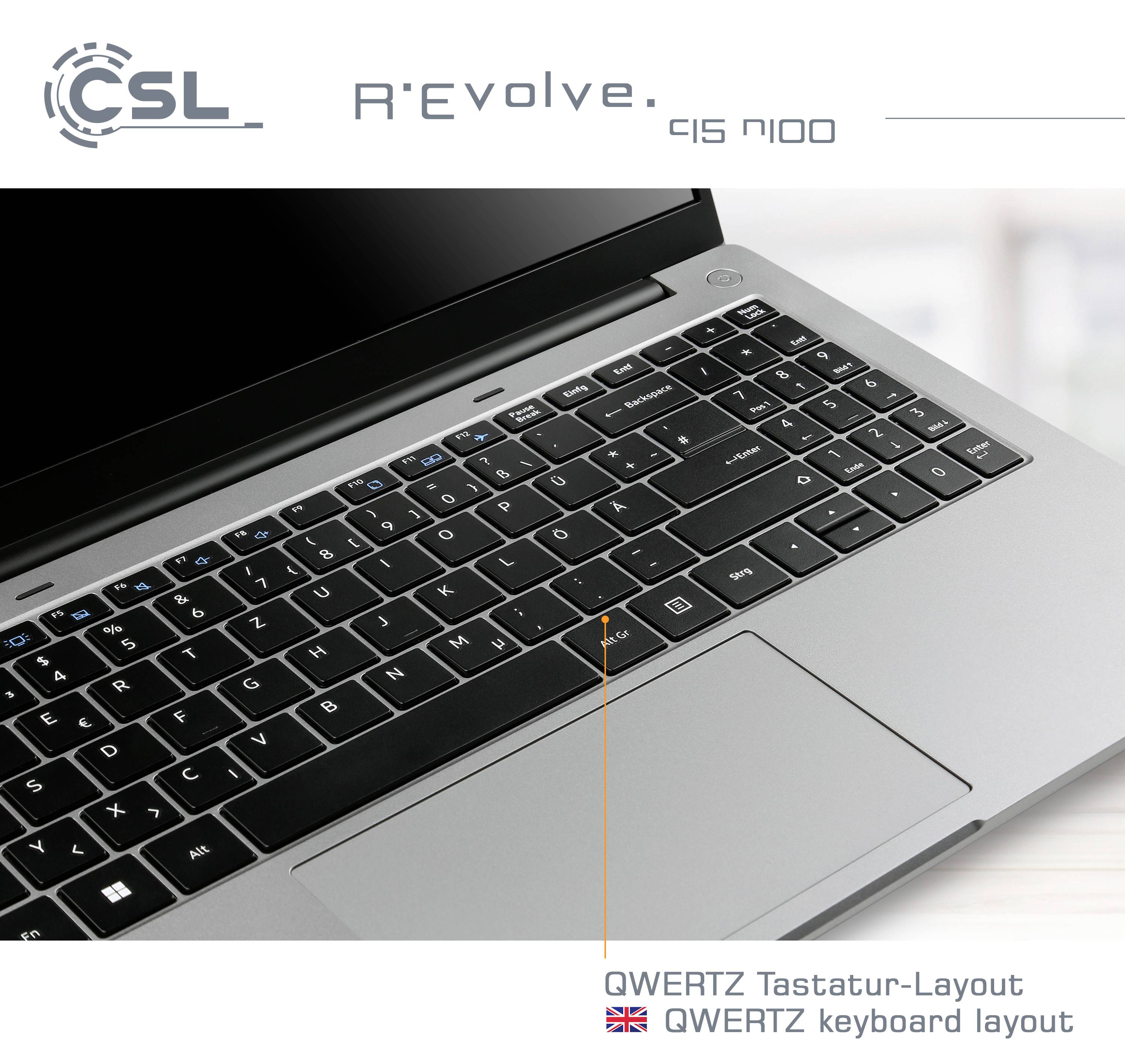 'Notebook CSL R'Evolve 915 N100 mit QWERTZ-Tastatur. Graues Design mit schwarzer Tastatur und Touchpad.'