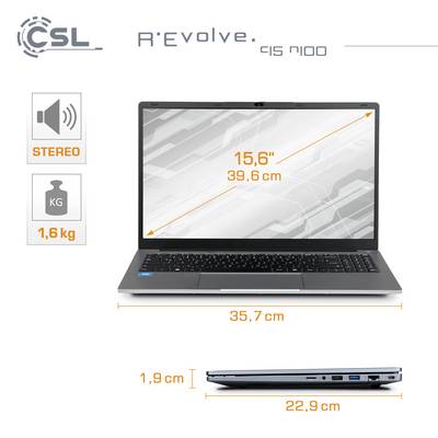 Ein graues Laptop-Modell 'R'Evolve' mit 15,6 Zoll Bildschirmdiagonale, Maße: 35,7 x 22,9 x 1,9 cm, Gewicht 1,6 kg, Stereolautsprecher.