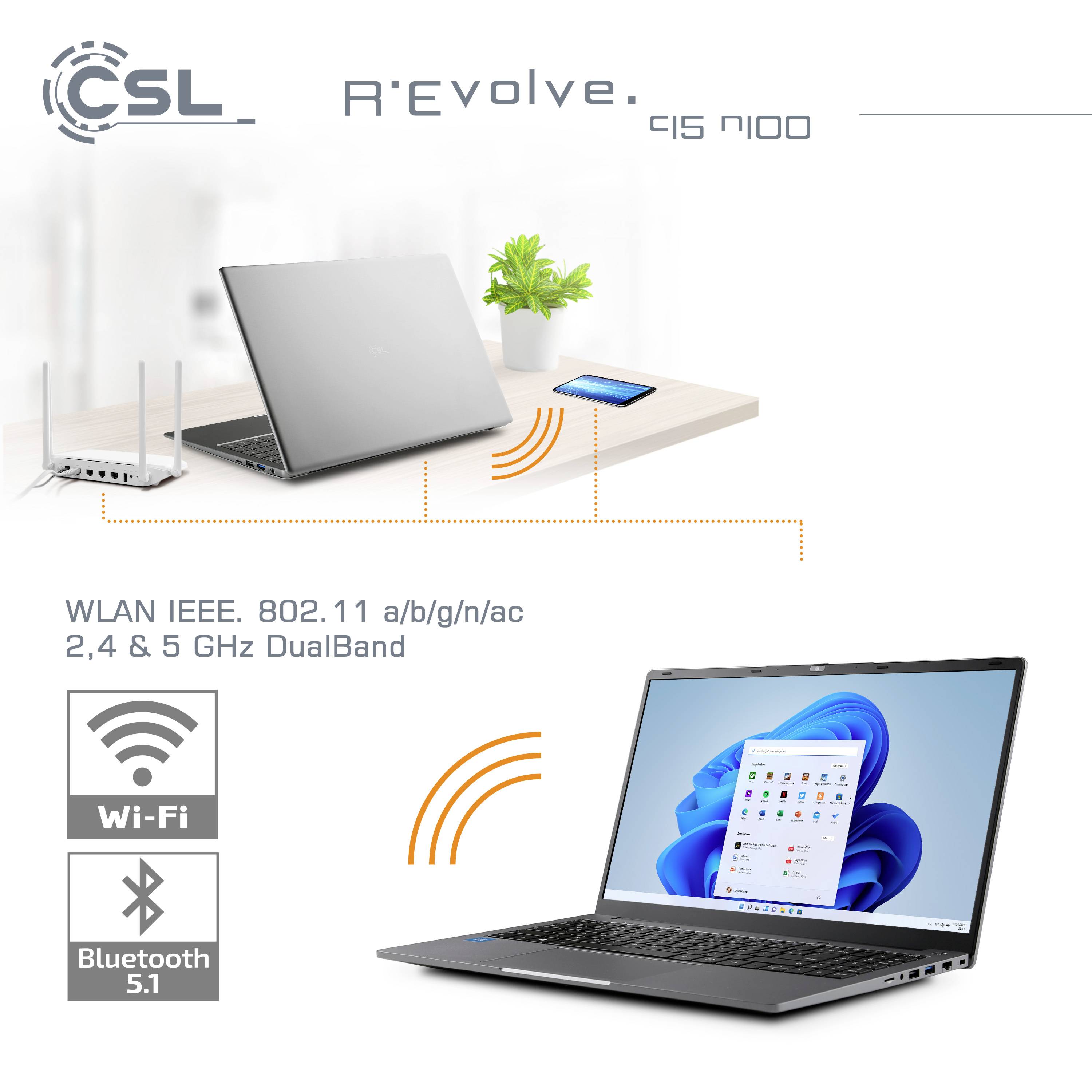 Ein Laptop auf einem Tisch, verbunden mit einem Router. Text auf dem Bild: 'CSL R-Evolve 915 N100' und 'WLAN & IEEE DualBand, Bluetooth 5.1'.