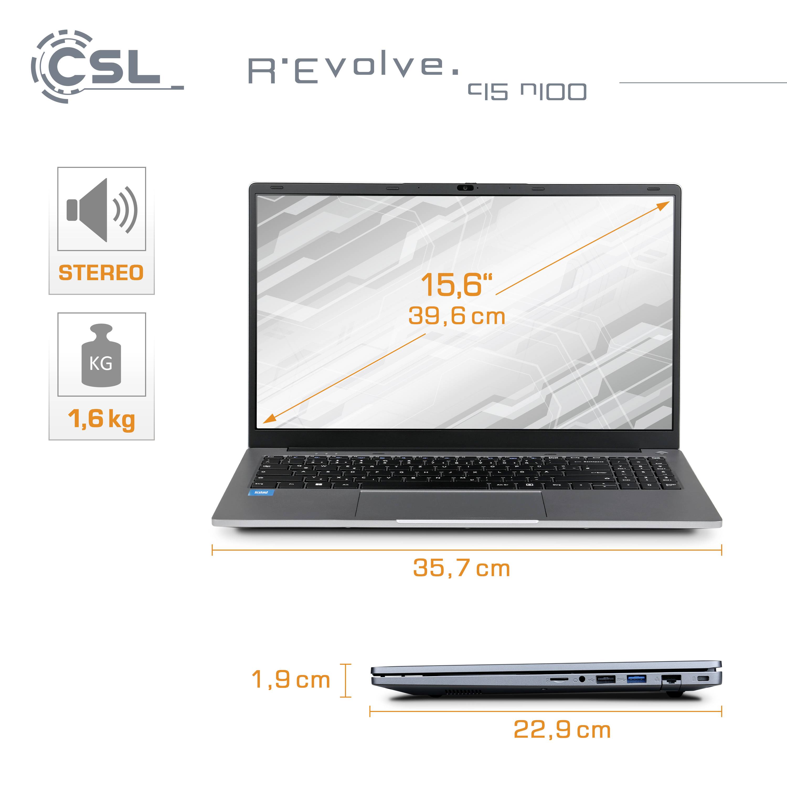 Ein Laptop der Marke CSL R'Evolve Q15 n100 wird angezeigt. Es hat ein 15,6-Zoll-Display, wiegt 1,6 kg und ist 1,9 cm dick.