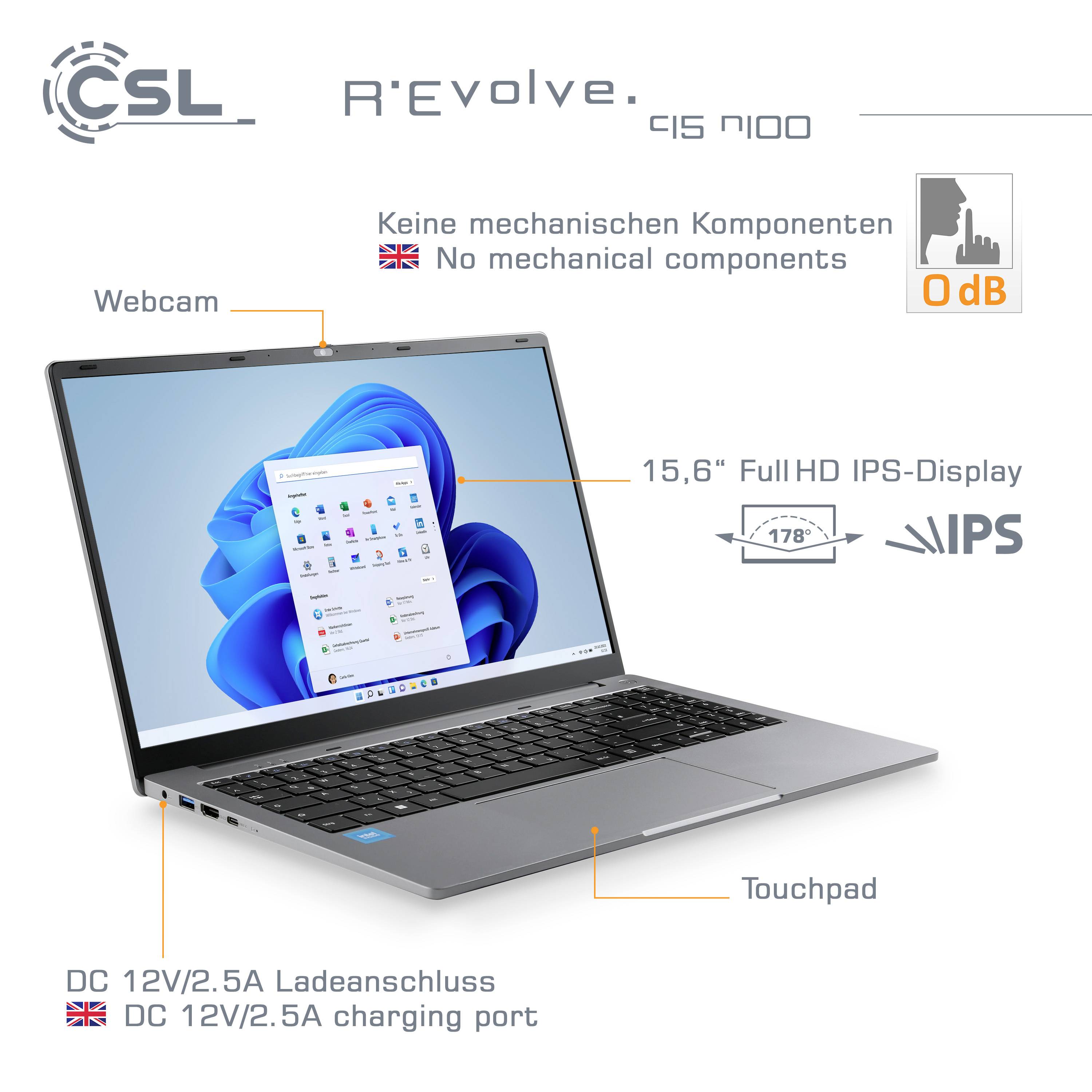Ein Laptop mit 15,6" Full HD IPS-Display, zeigt Windows 11 auf dem Bildschirm. Enthält Webcam, Touchpad, bezeichnete Ladeanschlüsse.