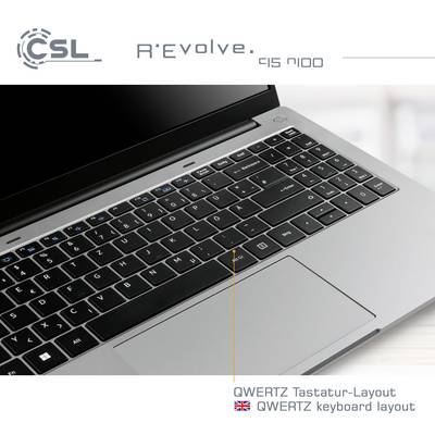 Notebooktastatur mit QWERTZ-Layout, CSL-Logo oben links, Modell 'R'Evolve 15 9100'.