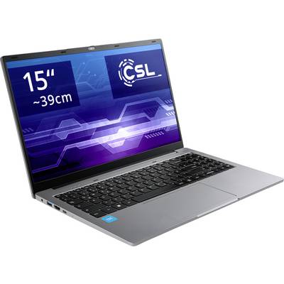 Ein silberner Laptop mit einem 15-Zoll-Bildschirm, der technische Grafiken und das Logo 'CSL' anzeigt. Die Tastatur ist sichtbar.