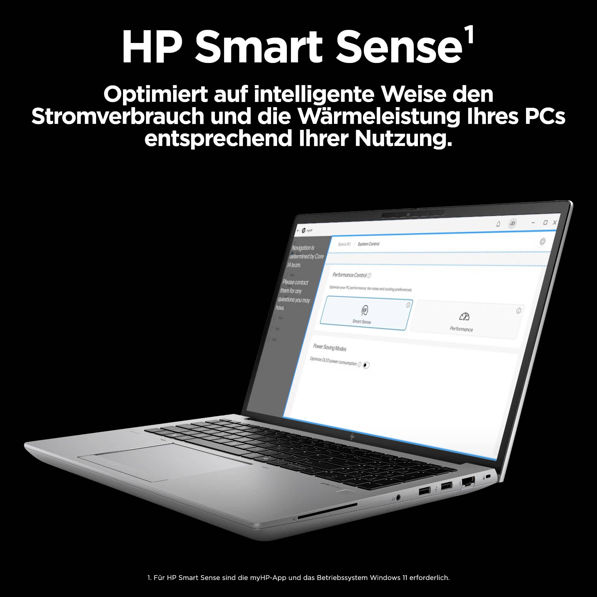 'HP Smart Sense: Optimiert Stromverbrauch und Wärmeleistung Ihres PCs je nach Nutzung.¹' Ein Laptop mit geöffneter Smart Sense App.