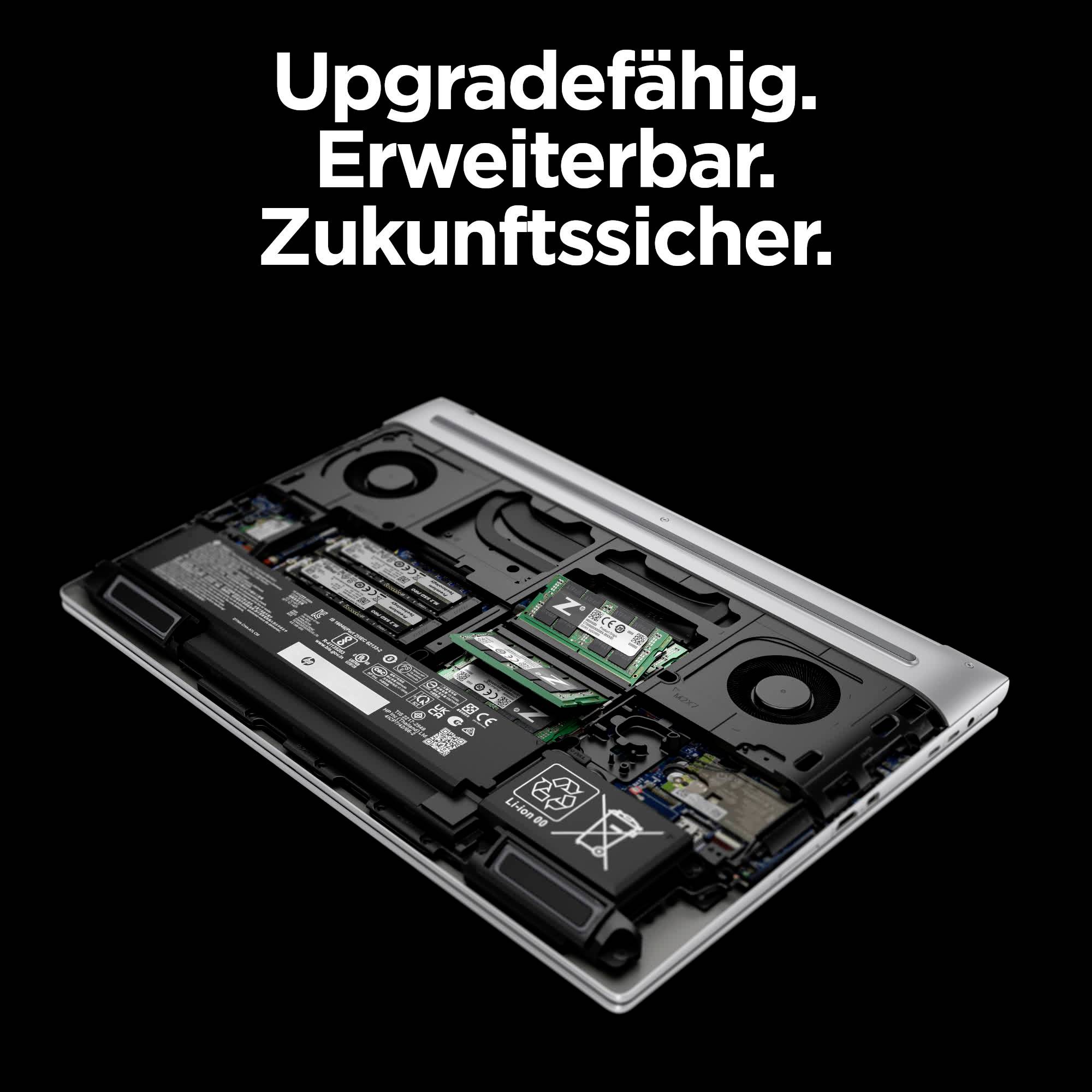 Ein geöffneter Laptop zeigt interne Komponenten wie Lüfter und Speicher. Darüber steht: 'Upgradefähig. Erweiterbar. Zukunftssicher.'