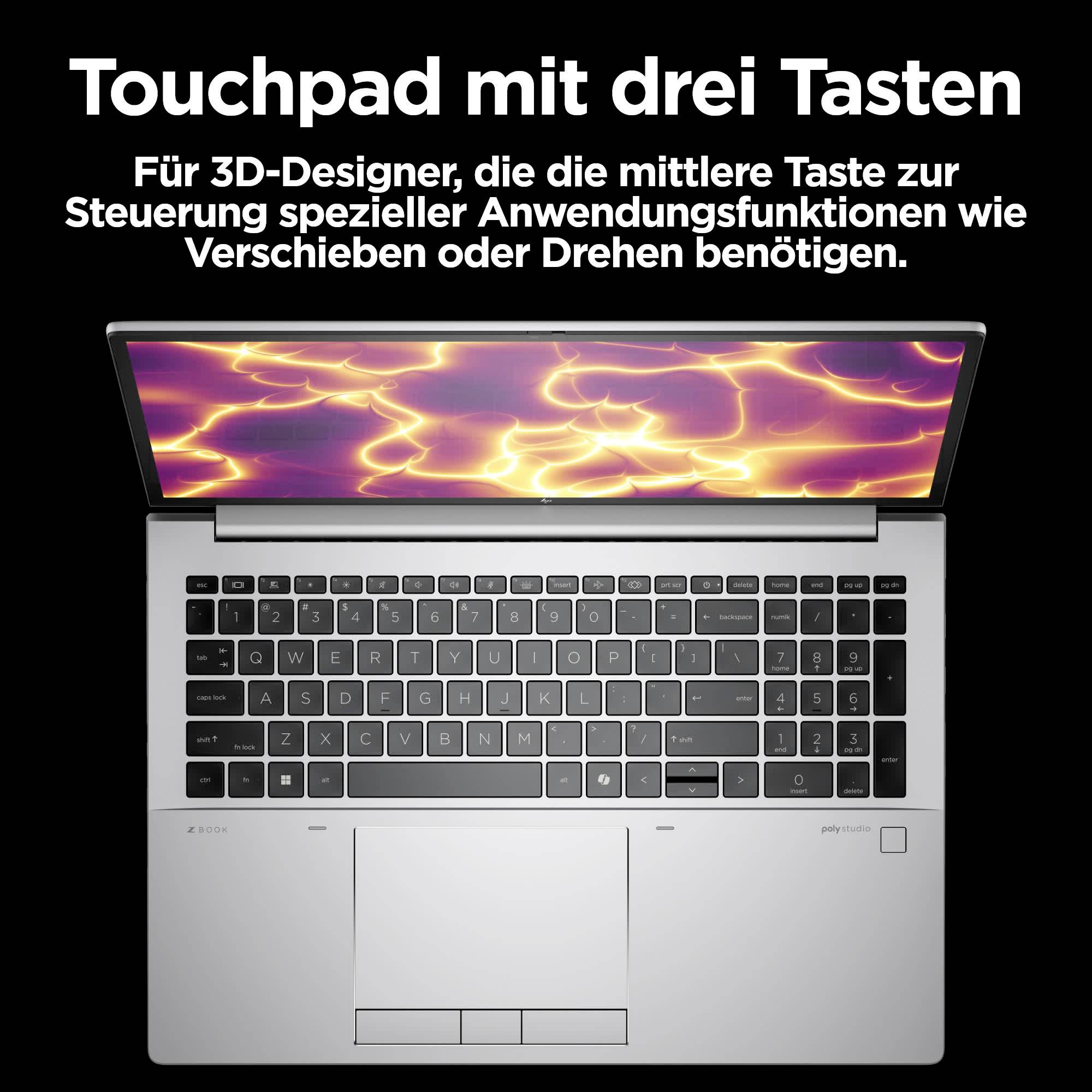 Laptop mit Bildschirm-Animation und drei Tasten auf dem Touchpad. Text oben: 'Touchpad mit drei Tasten'. Beschreibung für 3D-Designer.