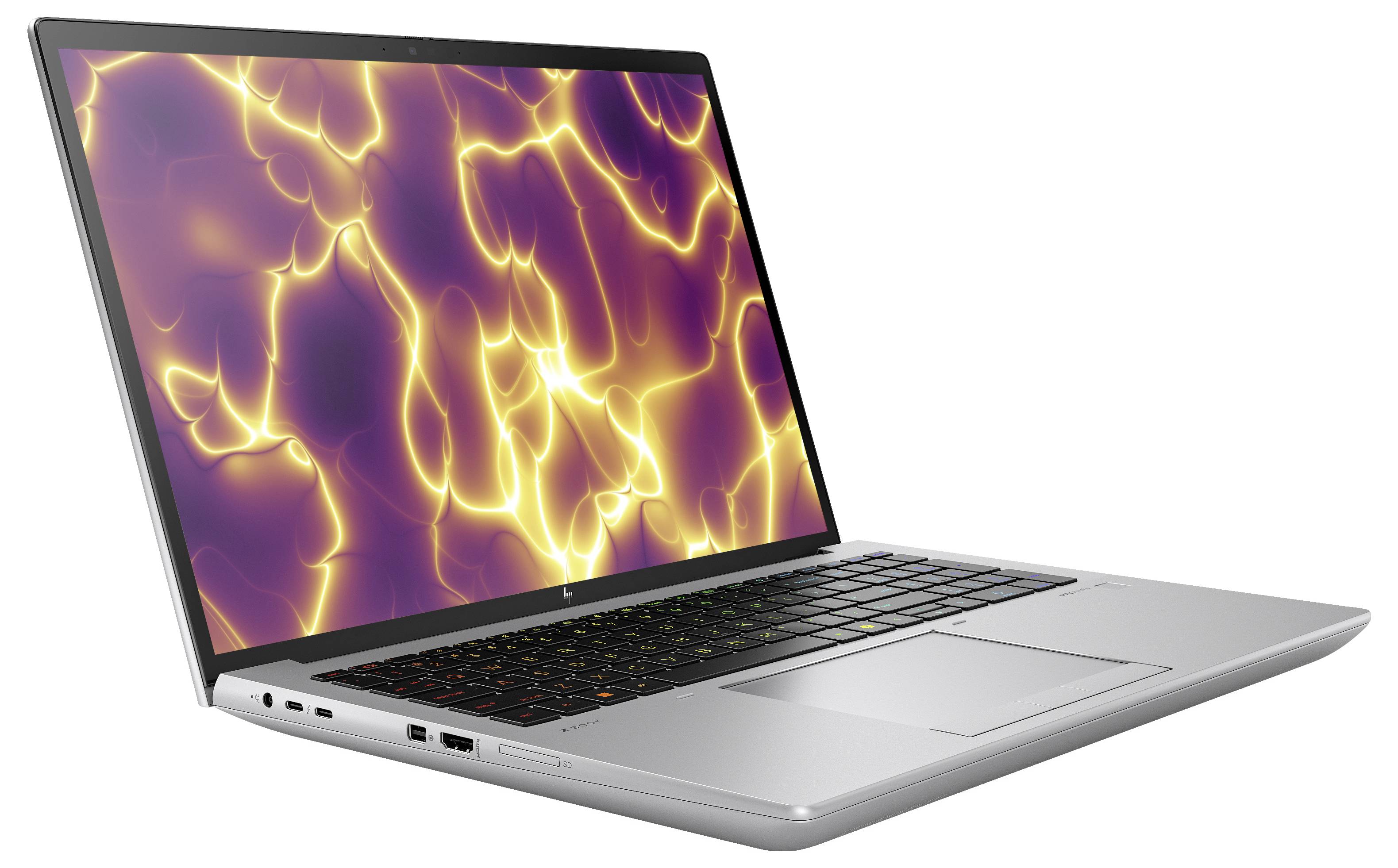 Ein silberner Laptop mit einem Bildschirm, der ein abstraktes, leuchtendes gelbes Muster auf violettem Hintergrund zeigt.