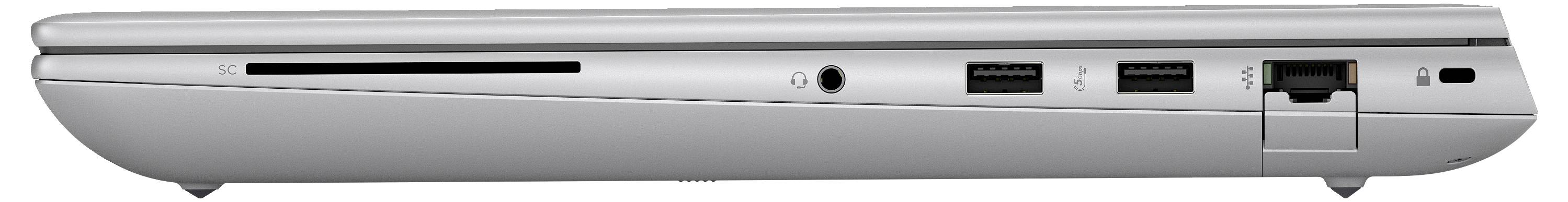 Silberner Laptop seitlich geschlossen, zeigt verschiedene Anschlüsse: zwei USB-Ports, Ethernet-Anschluss und SD-Karten-Slot.