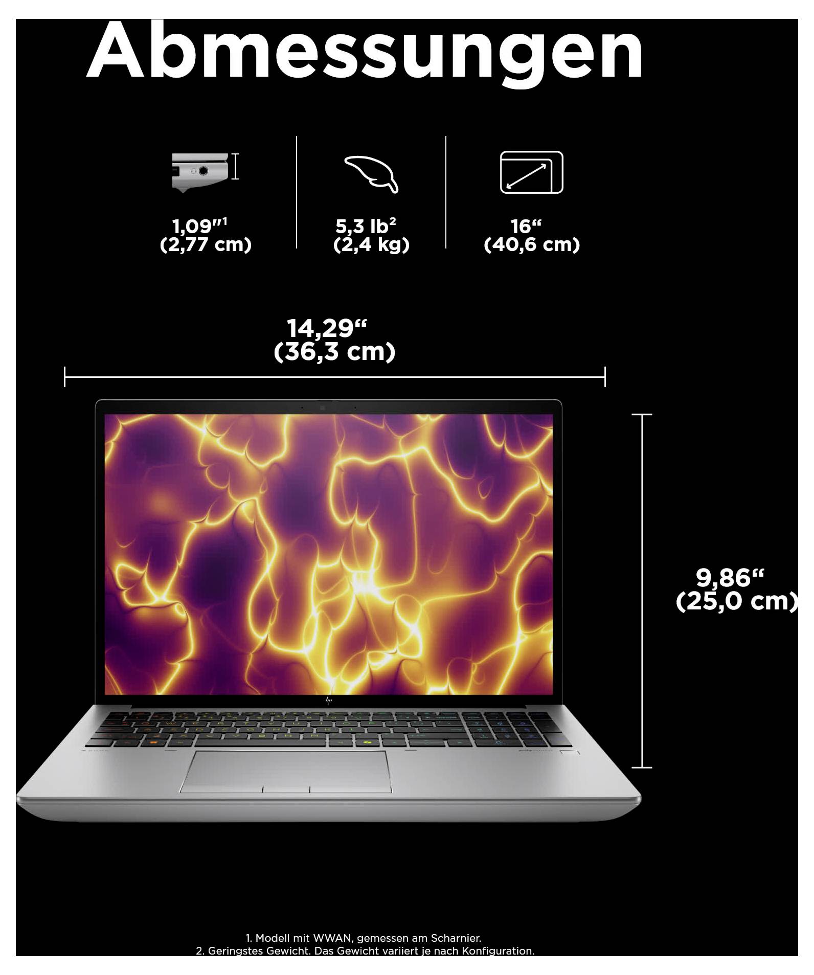 'Abmessungen': Laptop mit 36,3 cm Breite und 25,0 cm Höhe. Dicke: 2,77 cm, Gewicht: 2,4 kg. Bildschirm: 16 Zoll (40,6 cm).