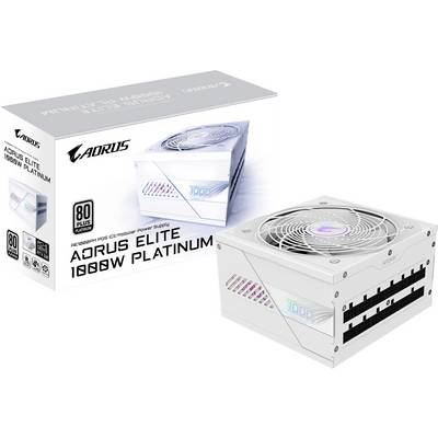 Netzteil Aorus Elite 1000W Platinum in Weiß neben Verpackung; 80 Plus Platinum-Zertifizierung für effiziente Stromversorgung.