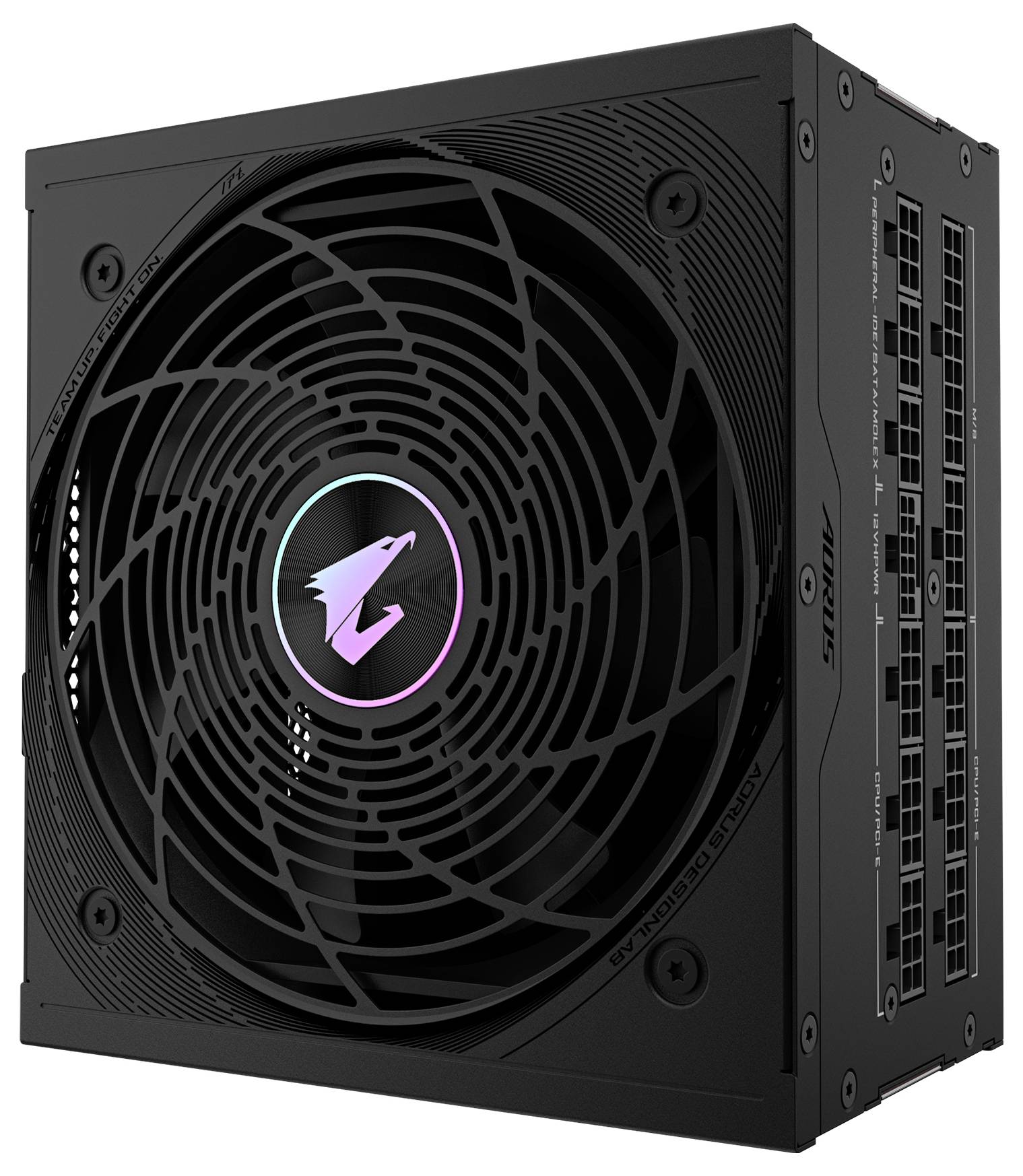 Schwarzes PC-Netzteil mit auffälligem, kreisförmigem Lüftergittermuster und RGB-Beleuchtung in der Mitte. Modulares Design mit mehreren Anschlüssen.