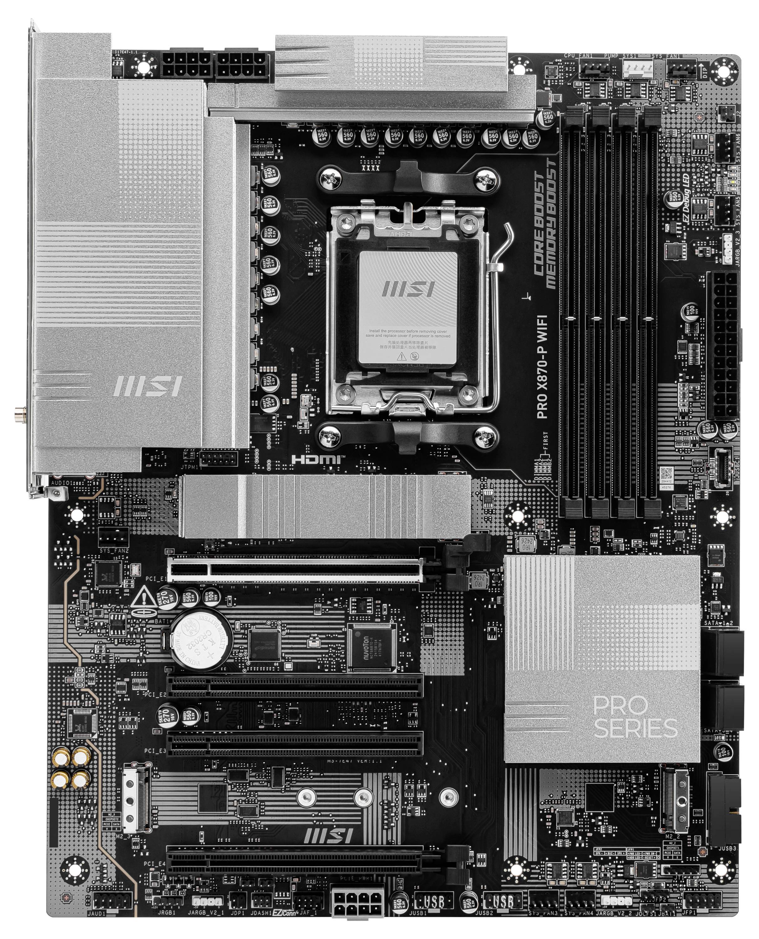 Mainboard in Grau und Schwarz mit mehreren Steckplätzen und Anschlüssen, darunter RAM-Steckplätze, CPU-Sockel und PCIe-Slots.