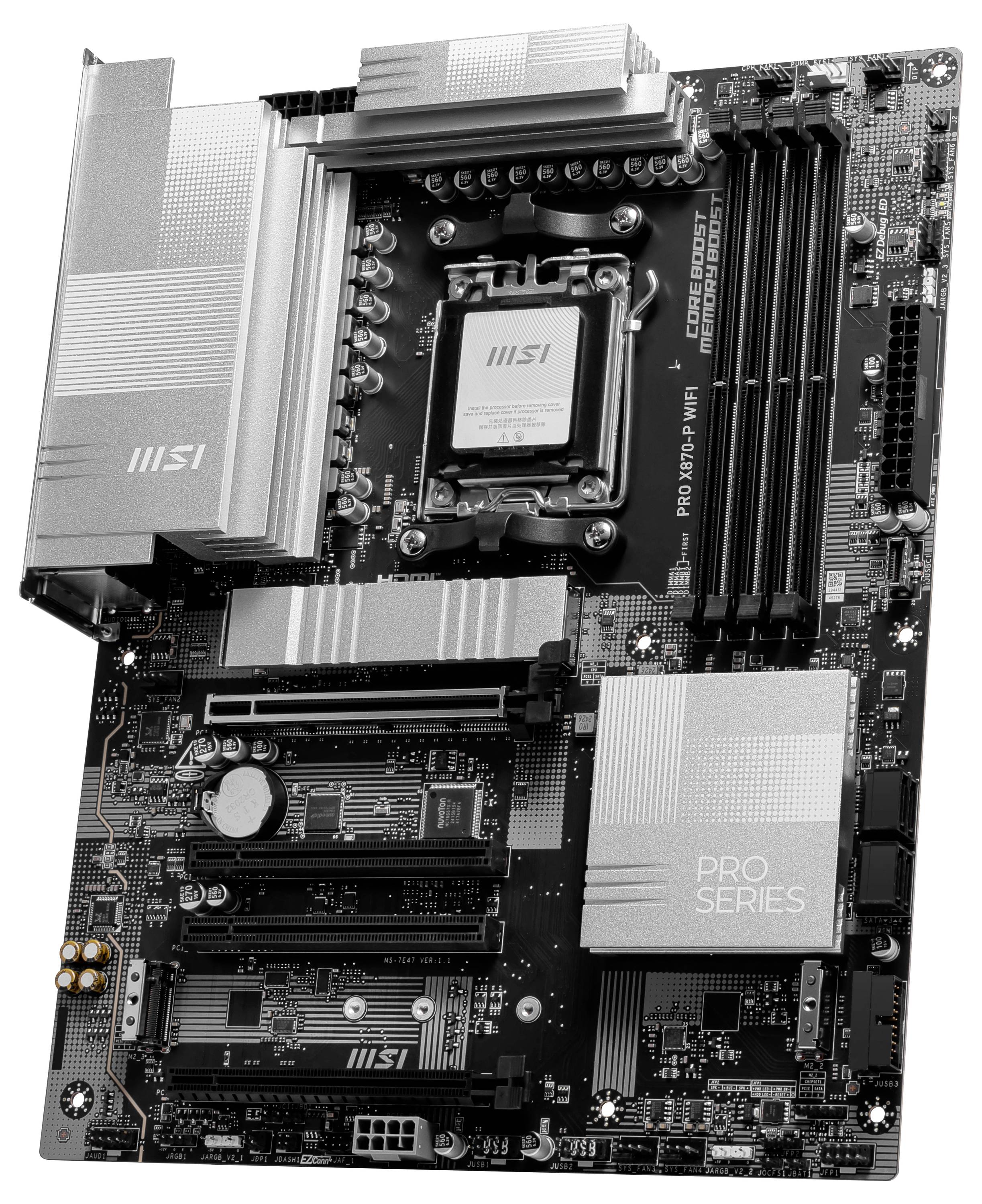 'MSI PRO Z790-P WiFi Mainboard' zeigt eine schwarze Platine mit mehreren Anschlüssen, Steckplätzen und Kühlkörpern für den Aufbau eines Computers.