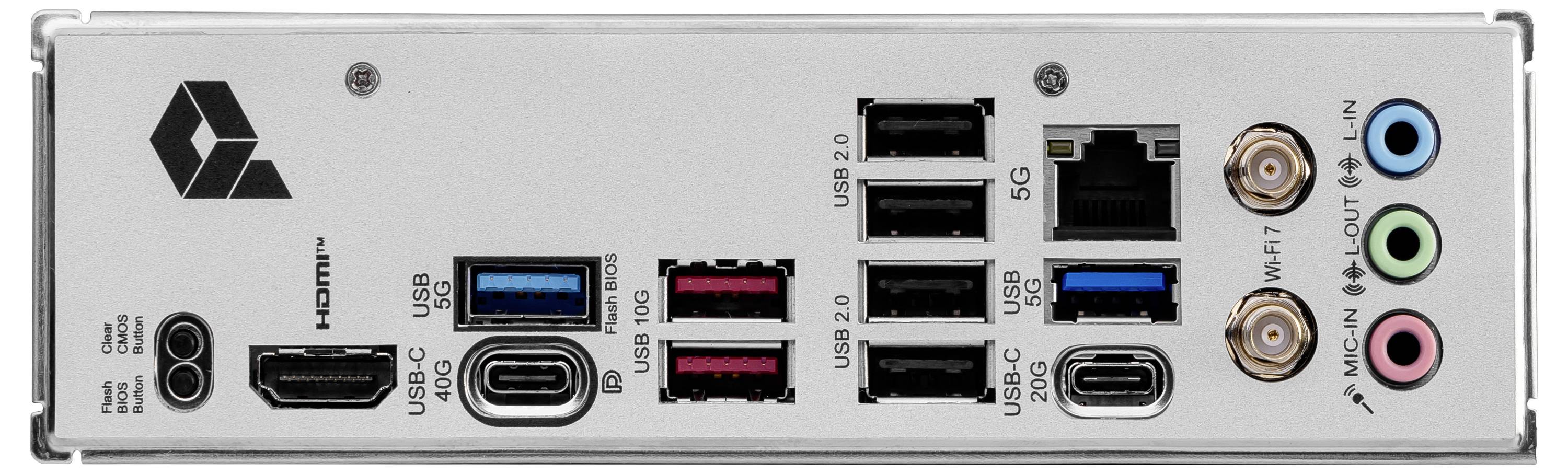 Beschreibt die Rückseite eines Computer-Motherboards mit mehreren USB-Anschlüssen, Audioanschlüssen, HDMI und Ethernet.