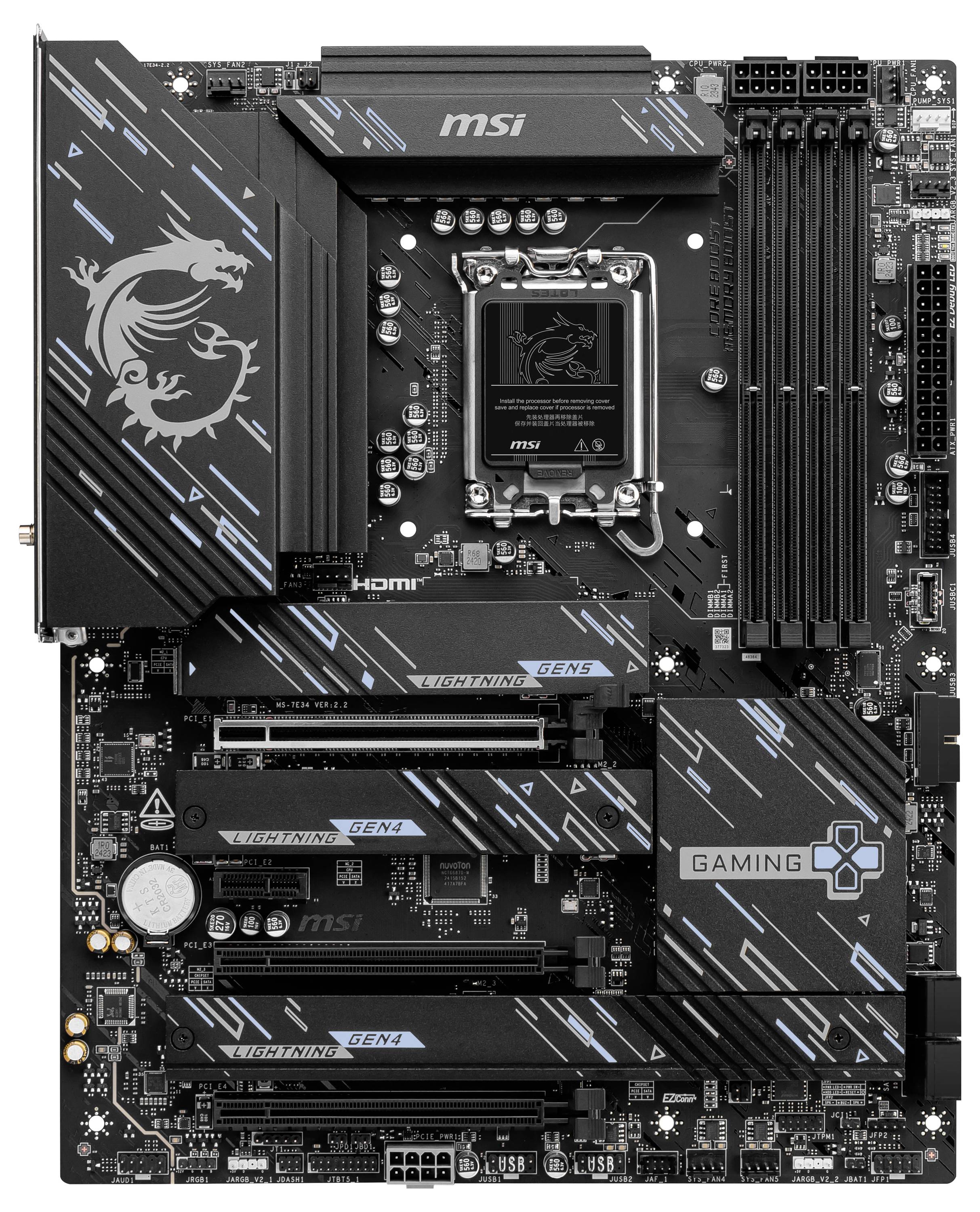 MSI-Motherboard mit mehreren PCIe-Steckplätzen, RAM-Steckplätzen und einem CPU-Sockel. Geeignet für Gaming-PCs.