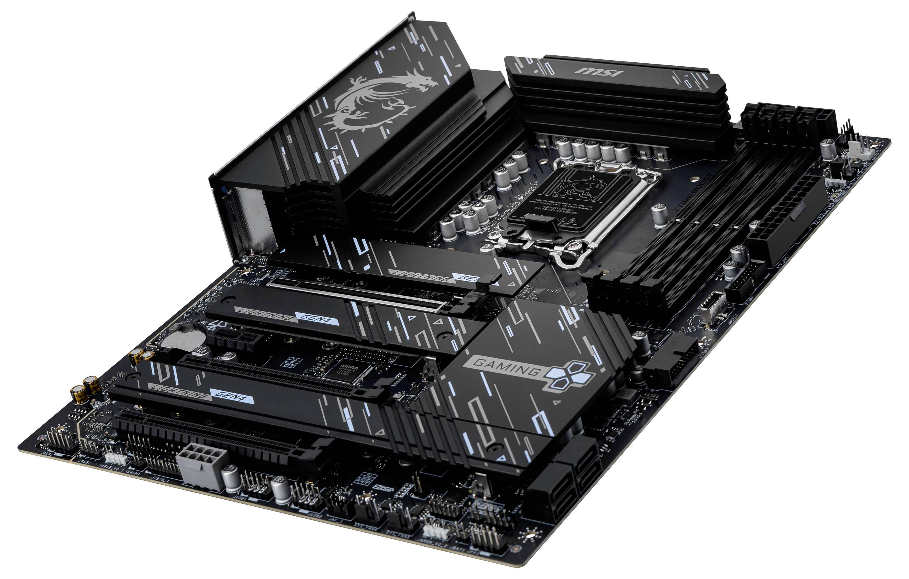 Motherboard in schwarzem Design mit mehreren Erweiterungsslots und Kühlkörpern. Geeignet für Gaming-Computer.