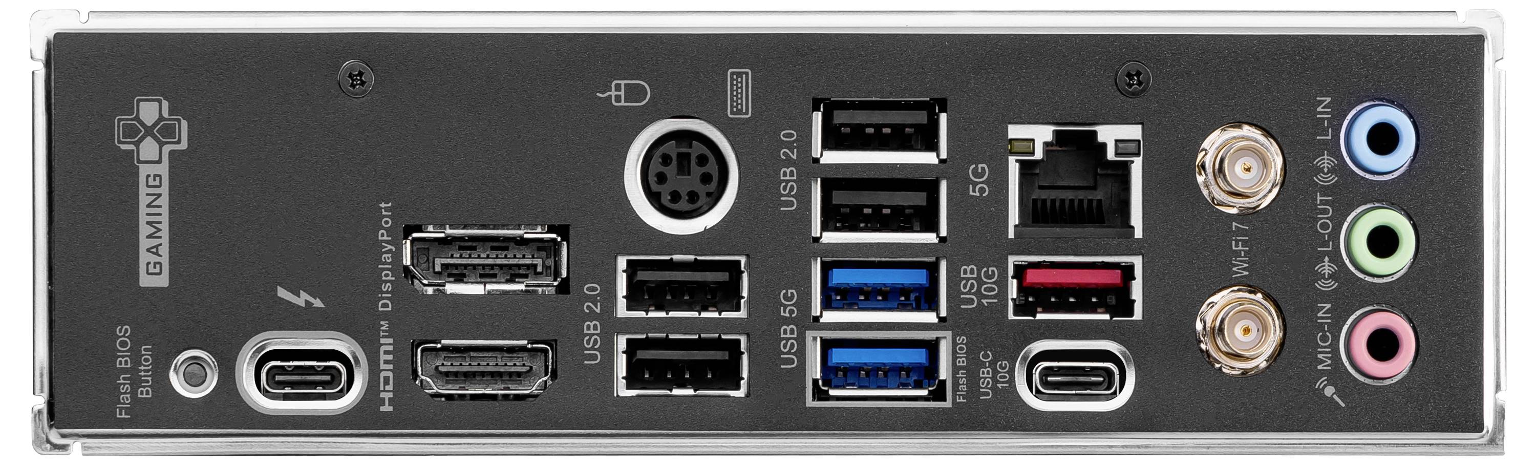 Rückseite eines Computer-Motherboards mit Anschlüssen: HDMI, DisplayPort, USB, Audioanschlüsse, Thunderbolt, Ethernet.