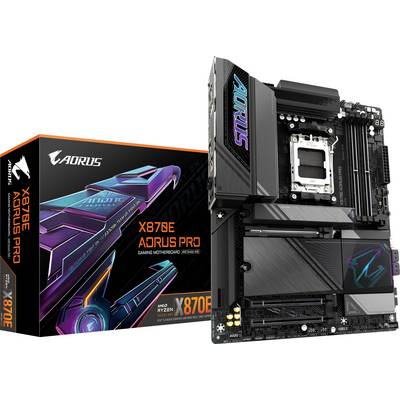 Hauptplatine für Gaming-PCs, Modell 'X670E AORUS PRO'. Verpackung zeigt technisches Design und Markenlogo. Enthält AMD Sockel AM5.