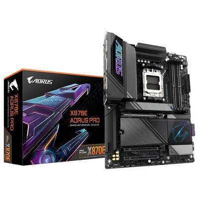 Mainboard AORUS X670E AORUS PRO abgebildet, hervorgehobene RGB-Beleuchtung und Anschlüsse. Verpackung zeigt Produktbild und Logo.
