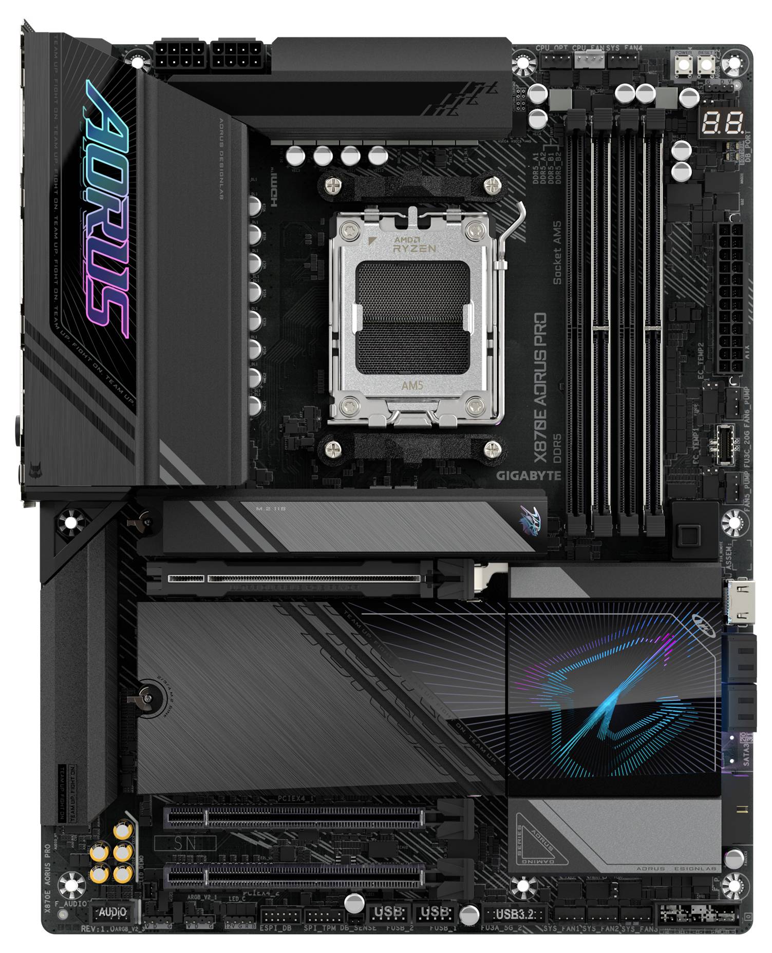 Eingabefeld für eine Computer-Motherboard-Platine mit markiertem AORUS-Logo und mehreren Anschlüssen für Speicher und Erweiterungskarten.