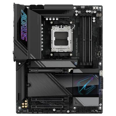 Eingabefeld für eine Computer-Motherboard-Platine mit markiertem AORUS-Logo und mehreren Anschlüssen für Speicher und Erweiterungskarten.