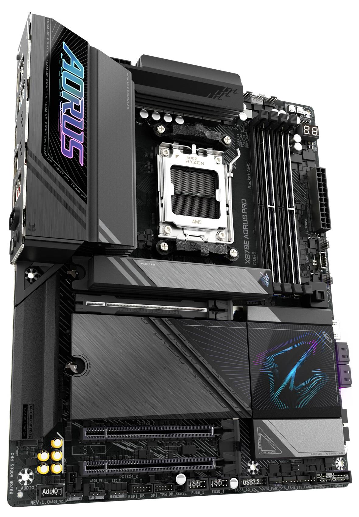 Ein Motherboard mit markanter 'AORUS'-Bezeichnung auf der Abdeckung, mehreren Steckplätzen, Kühlkörpern und LED-Beleuchtungselementen.