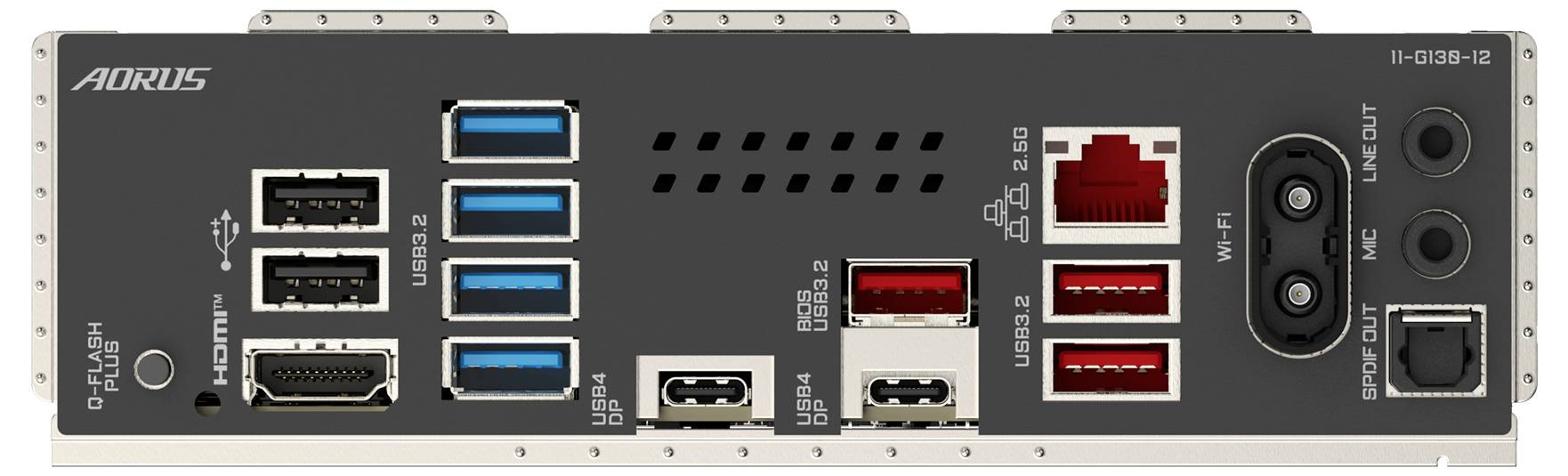 Rückseite eines Motherboards mit verschiedenen Anschlüssen: USB, Ethernet, HDMI, Audio, und Wi-Fi-Antennenanschlüsse für Computerverbindungen.