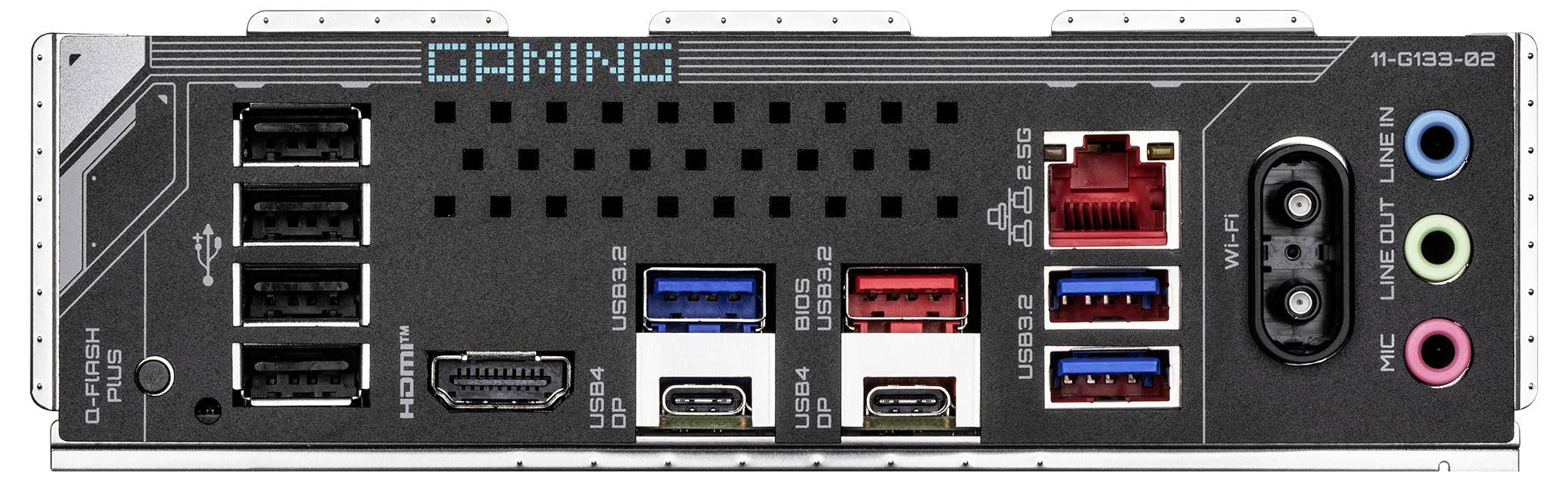 Rückseite eines Computer-Mainboards mit Anschlüssen: 4 USB 2.0, HDMI, 2 USB 3.0, 2 USB 3.1, 2 Ethernet, Wi-Fi, Audioanschlüsse und DisplayPort.