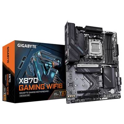 Gaming-Motherboard 'Gigabyte X870 Gaming Wifi6' neben Verpackung, zeigt Slots und Anschlüsse. Geeignet für AMD Ryzen, WIFI6 integriert.