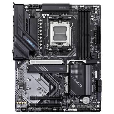 Eine schwarze Hauptplatine mit mehreren Steckplätzen und Anschlüssen für CPUs, Speicher und Erweiterungskarten. Markenlogo sichtbar.