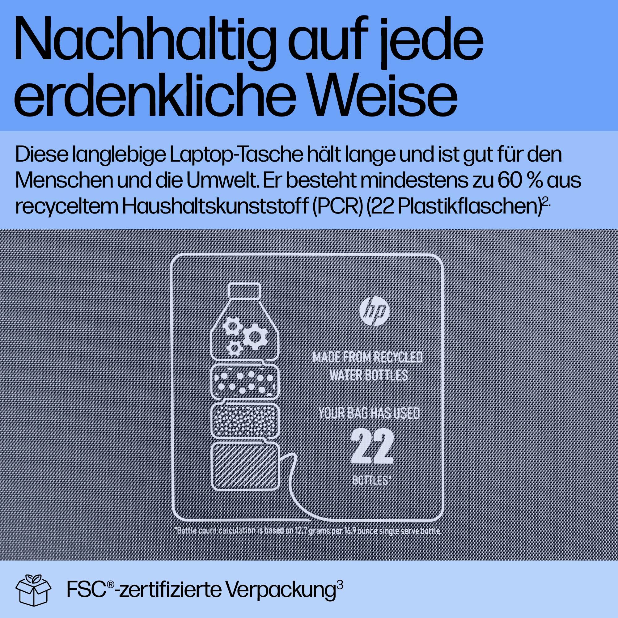 'Nachhaltig auf jede erdenkliche Weise' in schwarzer Schrift auf blauem Hintergrund. Eine Laptop-Tasche zu 60 % aus recyceltem Kunststoff.