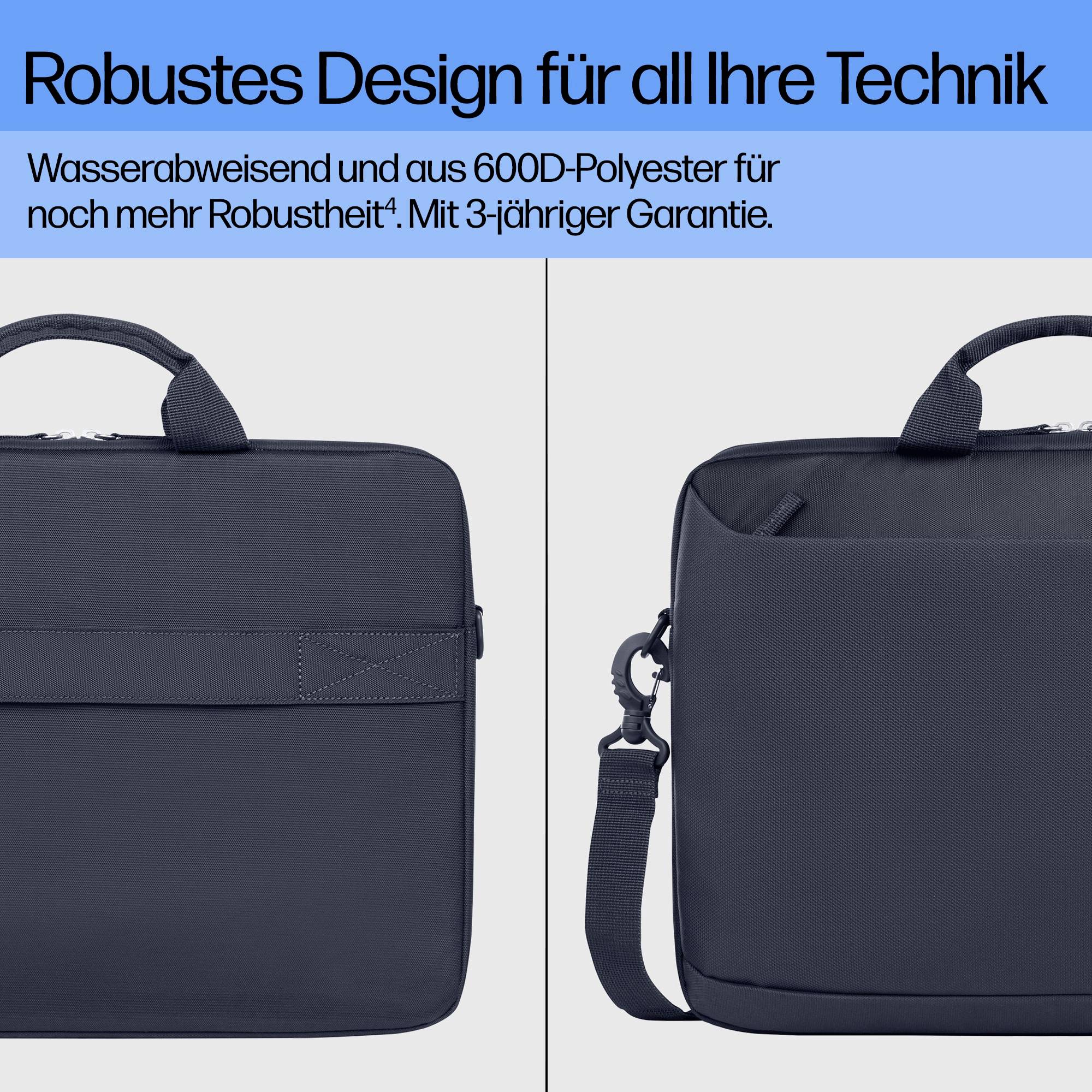 Zwei dunkelblaue Laptoptaschen aus robustem, wasserabweisendem Polyester mit Tragegriff. Slogan: 'Robustes Design für all Ihre Technik'.