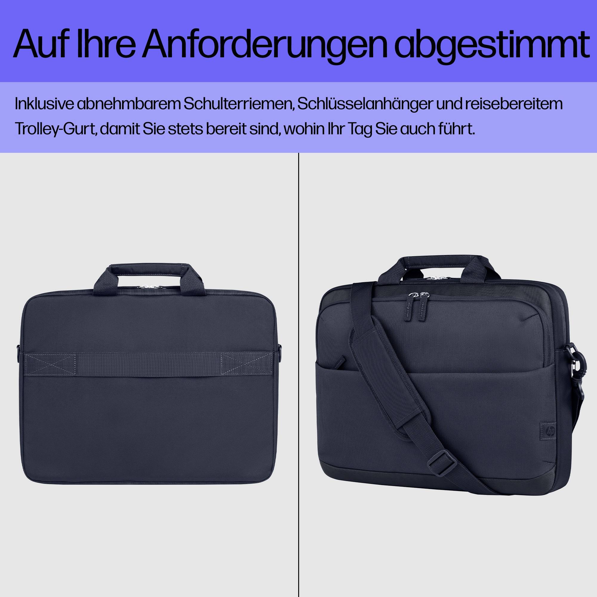 'Zwei schwarze Laptoptaschen. Links: Flache Tasche mit Tragegriffen. Rechts: Tasche mit abnehmbaren Schultergurten und Trolley-Gurt.'