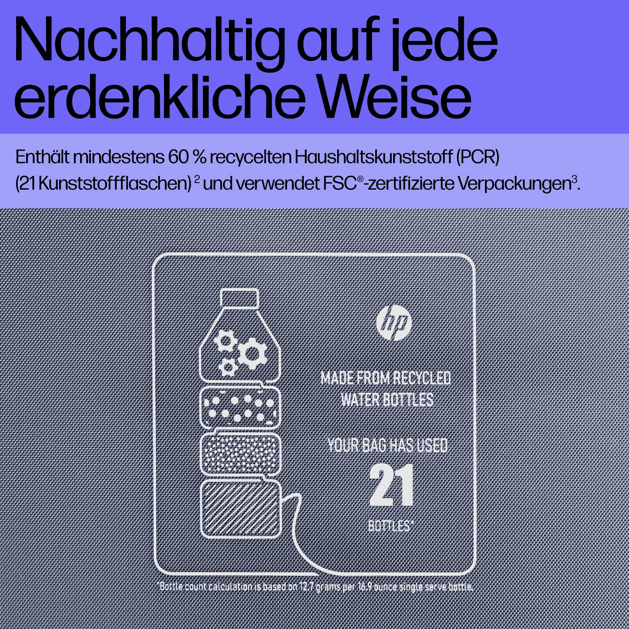 'Nachhaltig auf jede erdenkliche Weise. Enthält mindestens 60 % recycelten Haushaltskunststoff (PCR) und FSC-zertifizierte Verpackungen.'