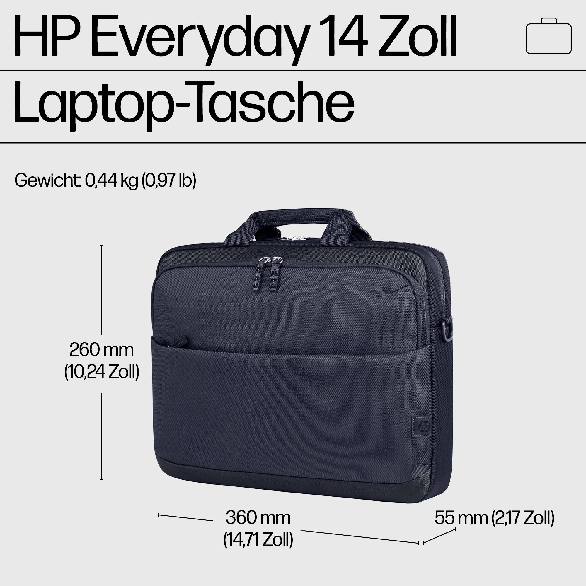 Eine schwarze Laptop-Tasche von HP mit den Maßen 360 mm x 260 mm x 55 mm, geeignet für 14 Zoll, Gewicht: 0,44 kg.