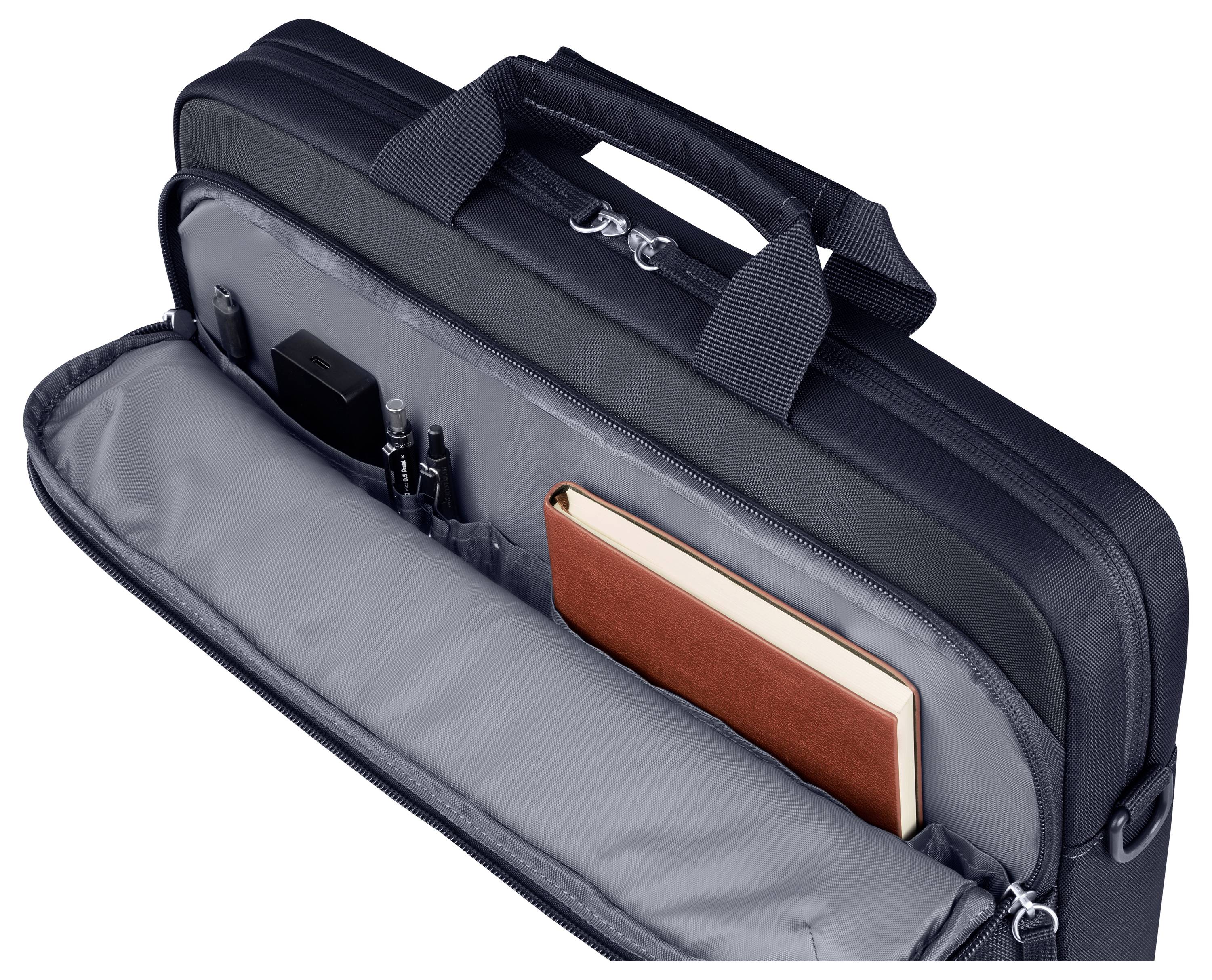 Geöffnete schwarze Aktentasche mit grauem Innenfutter, zeigt einen Laptop, ein Notizbuch, einen Stift und ein Ladegerät in organisierten Fächern.