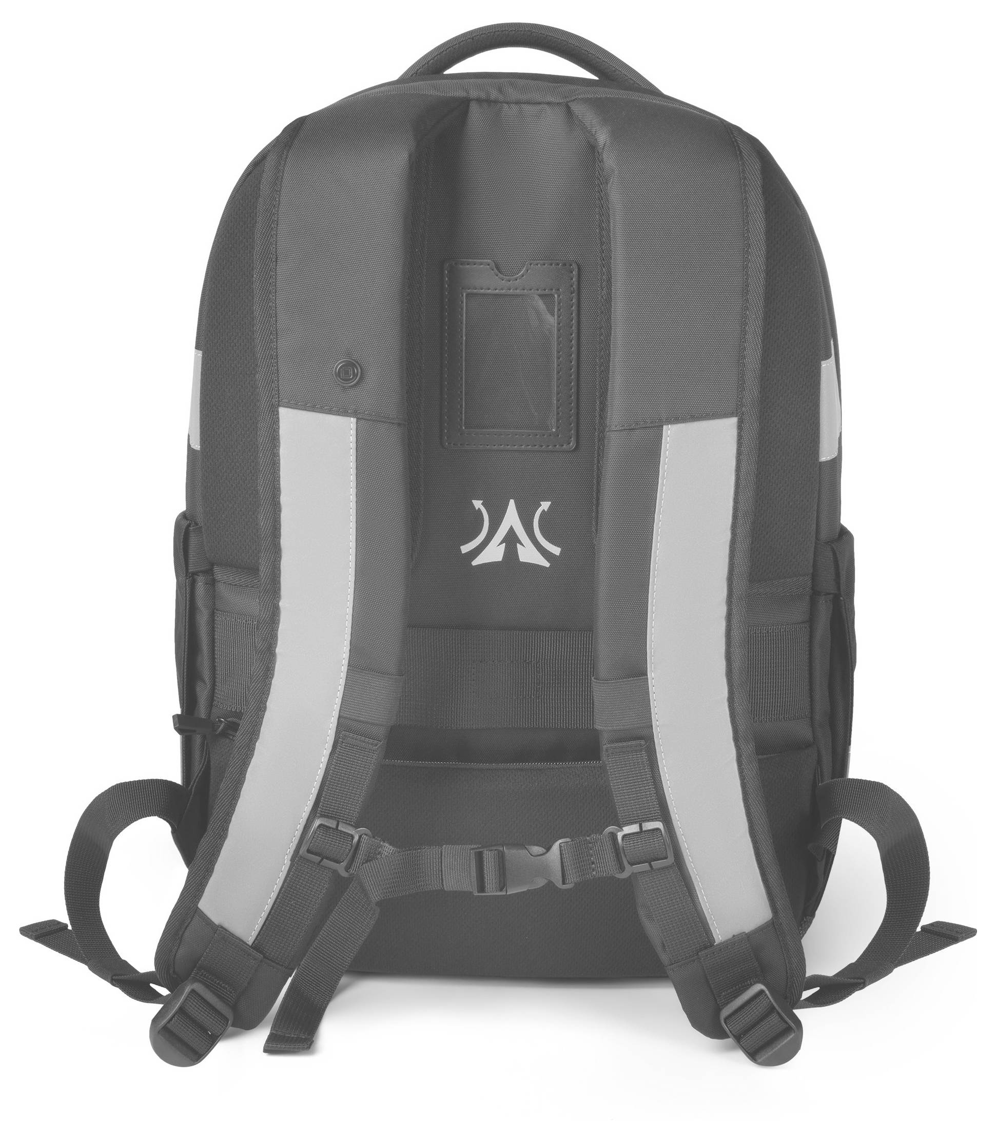 Schwarzer Rucksack mit reflektierenden Streifen und verstellbaren Gurten, Rückansicht.