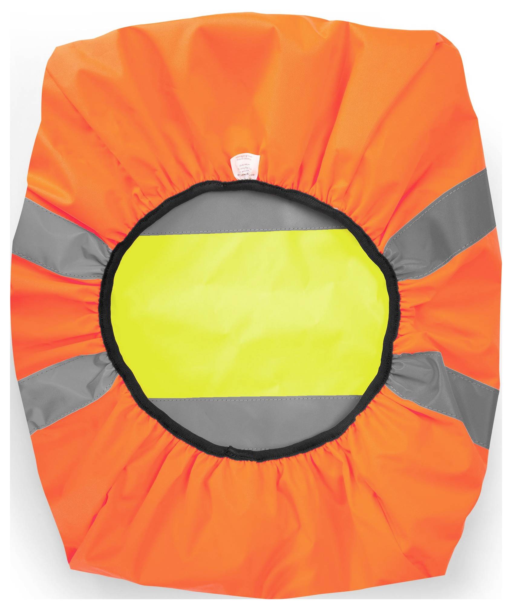 Ein leuchtend orangefarbener Fahrradsattelüberzug mit reflektierenden Streifen und einem gelben Mittelteil zur Erhöhung der Sichtbarkeit.
