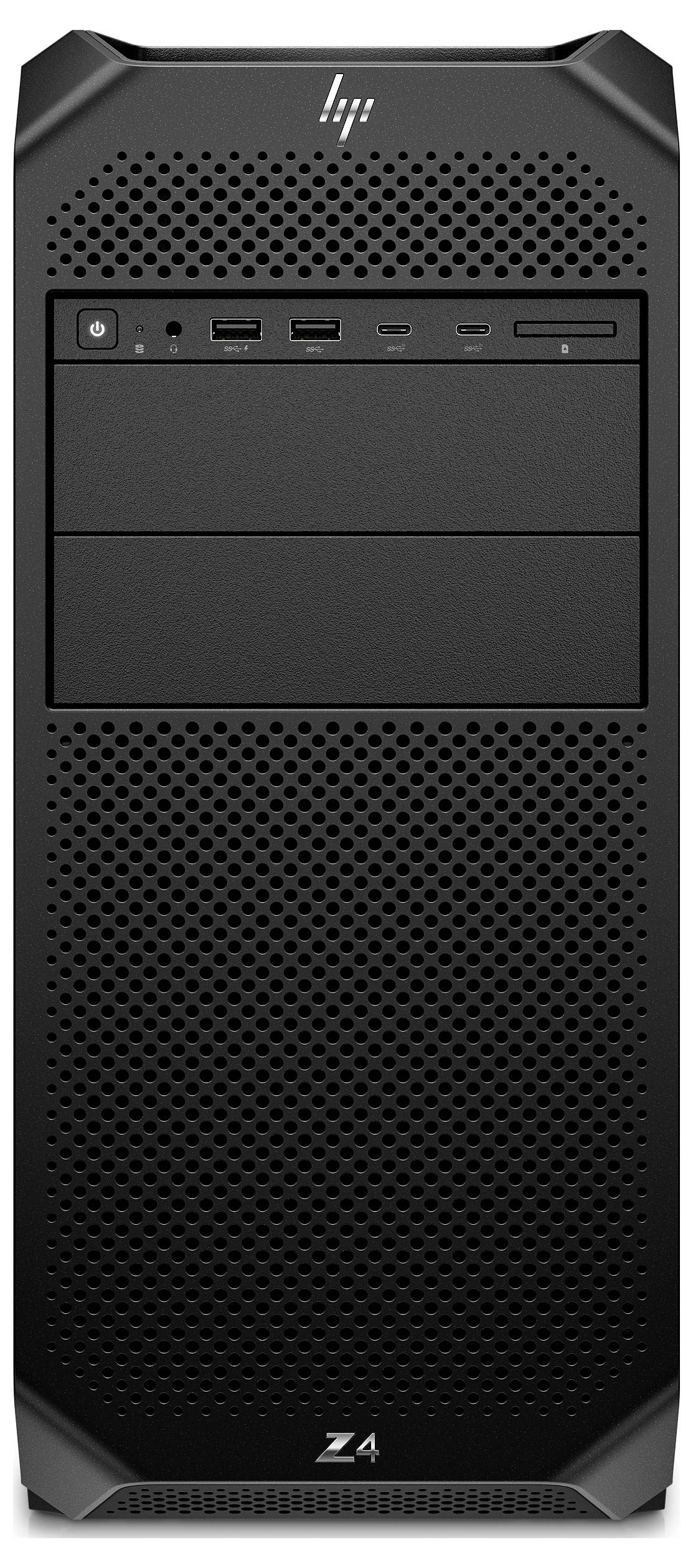 Schwarzer Computer-Tower mit perforierter Frontblende, Modell 'Z4'. Enthält Anschlüsse und ein Laufwerkfach, geeignet für leistungsstarke Anwendungen.