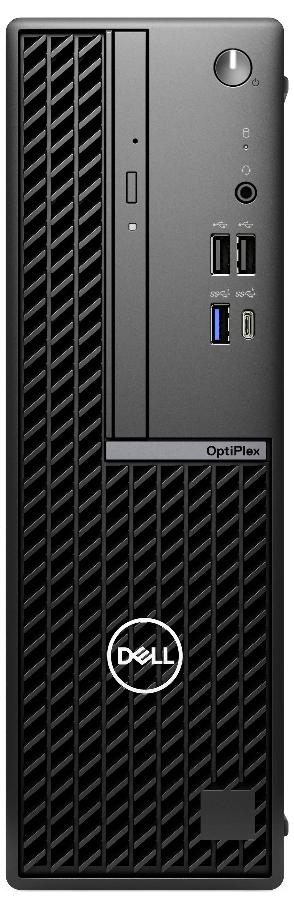 Dell OptiPlex-Komplett-PC mit Lüftungsgittern, USB-Anschlüssen, Audio- und Netzschalter an der Vorderseite.