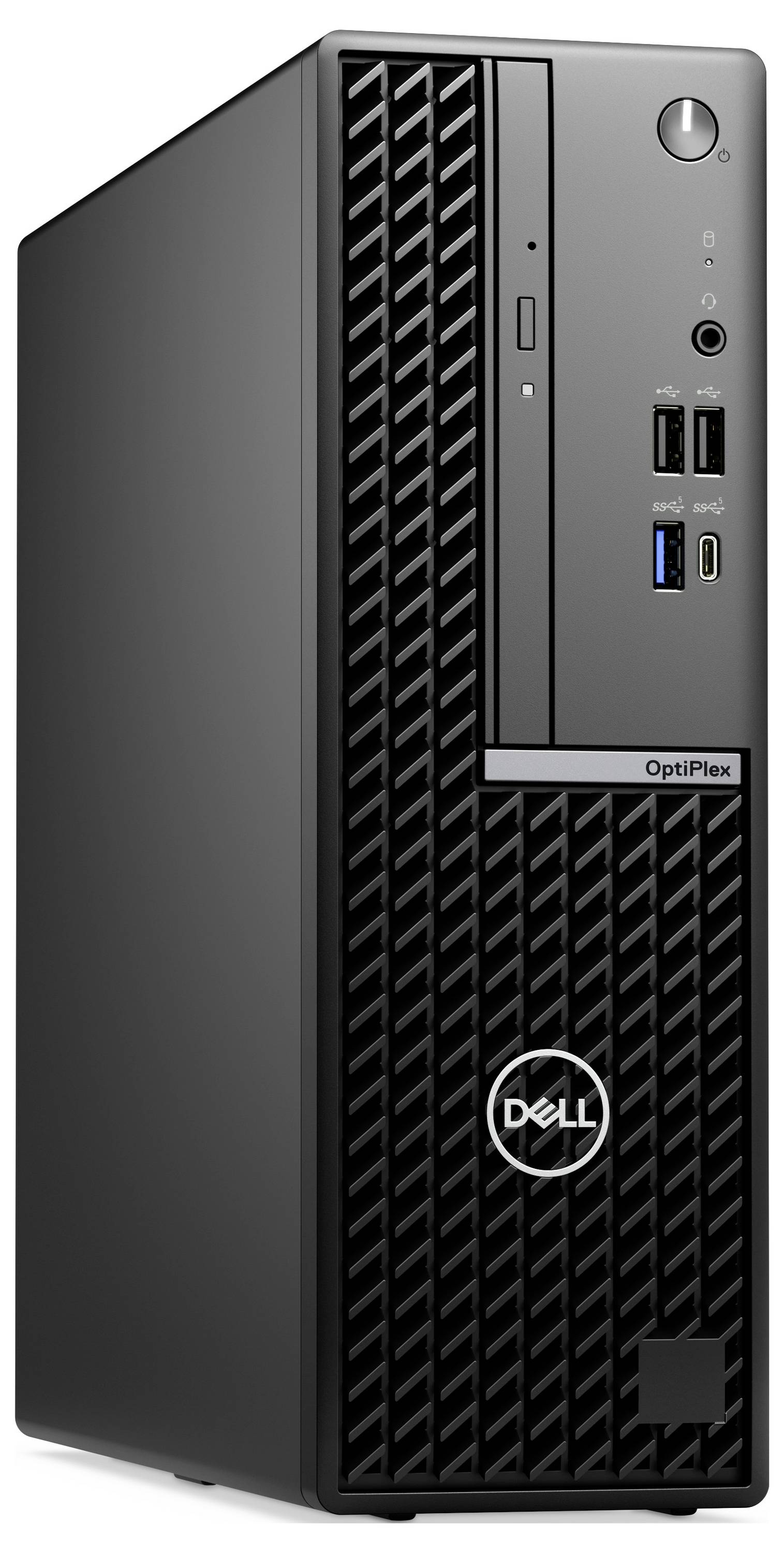 Schwarzer Dell OptiPlex Tower-PC mit mehreren USB-Anschlüssen und optischem Laufwerk auf der Vorderseite.