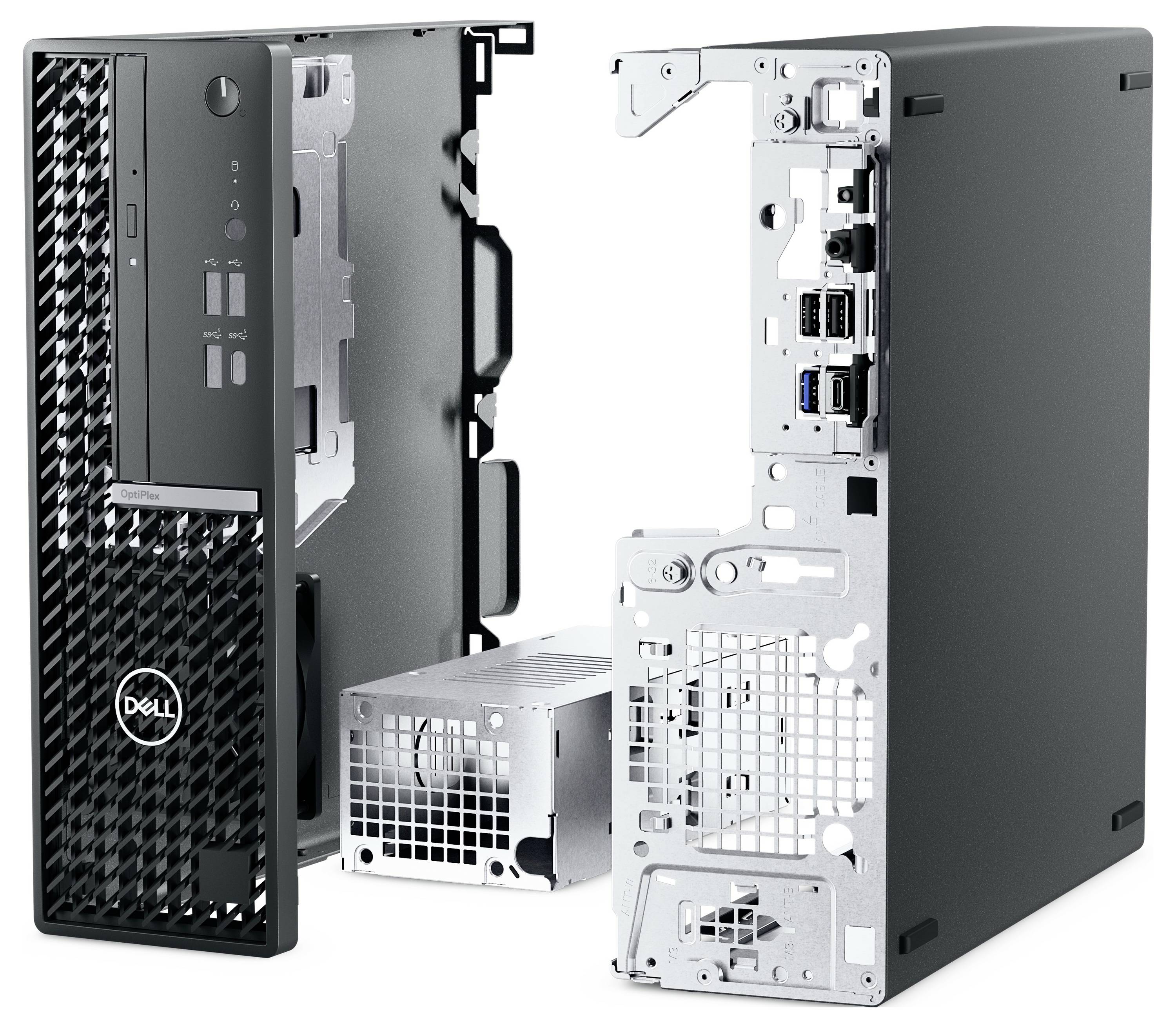 'Zwei geöffnete Computergehäuse und ein Netzteil sind zu sehen, die Rückseite zeigt verschiedene Anschlussmöglichkeiten.'