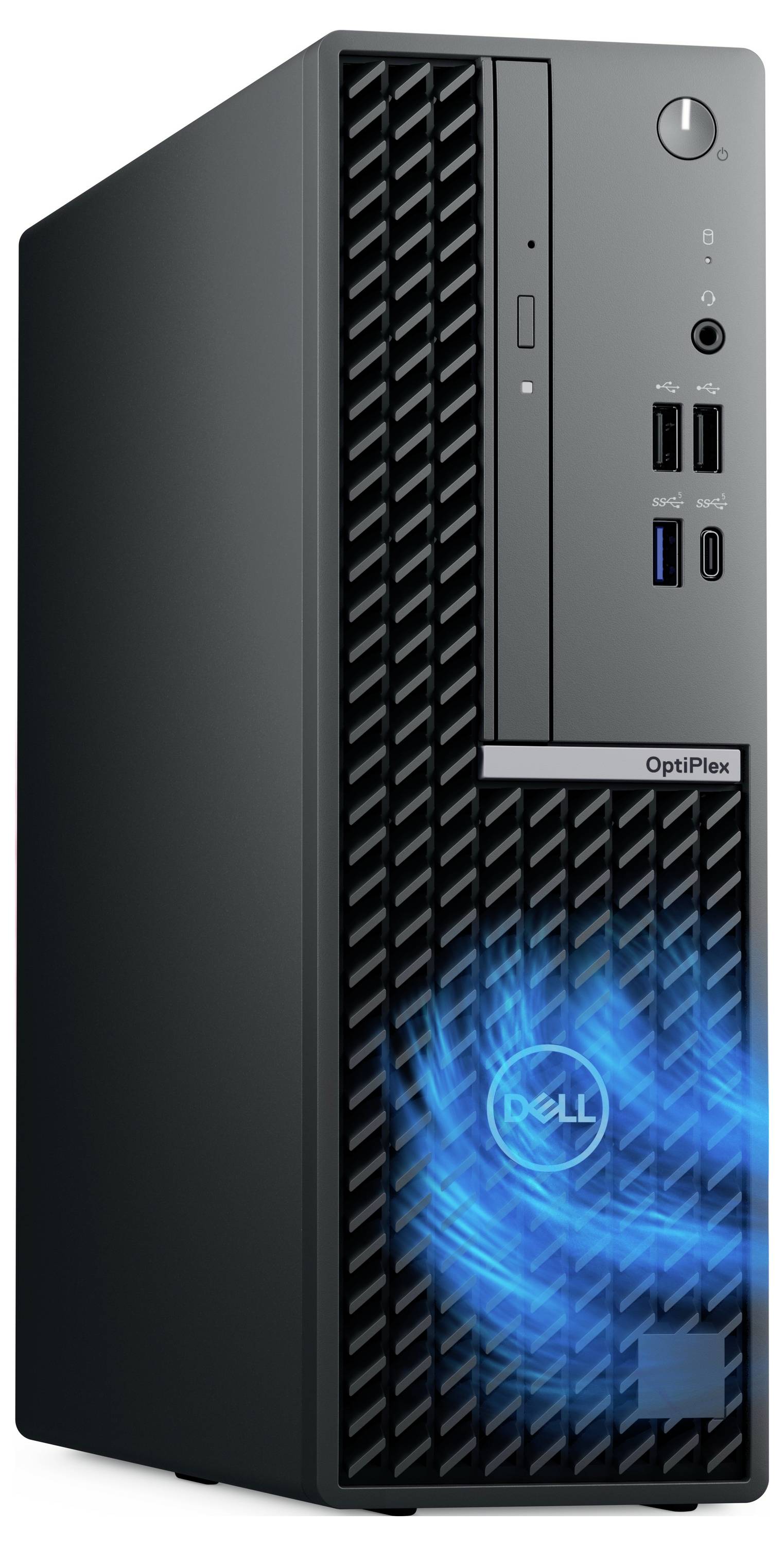 Ein schwarzer Computer-Tower mit dem Dell-Logo und mehreren Anschlüssen auf der Vorderseite.