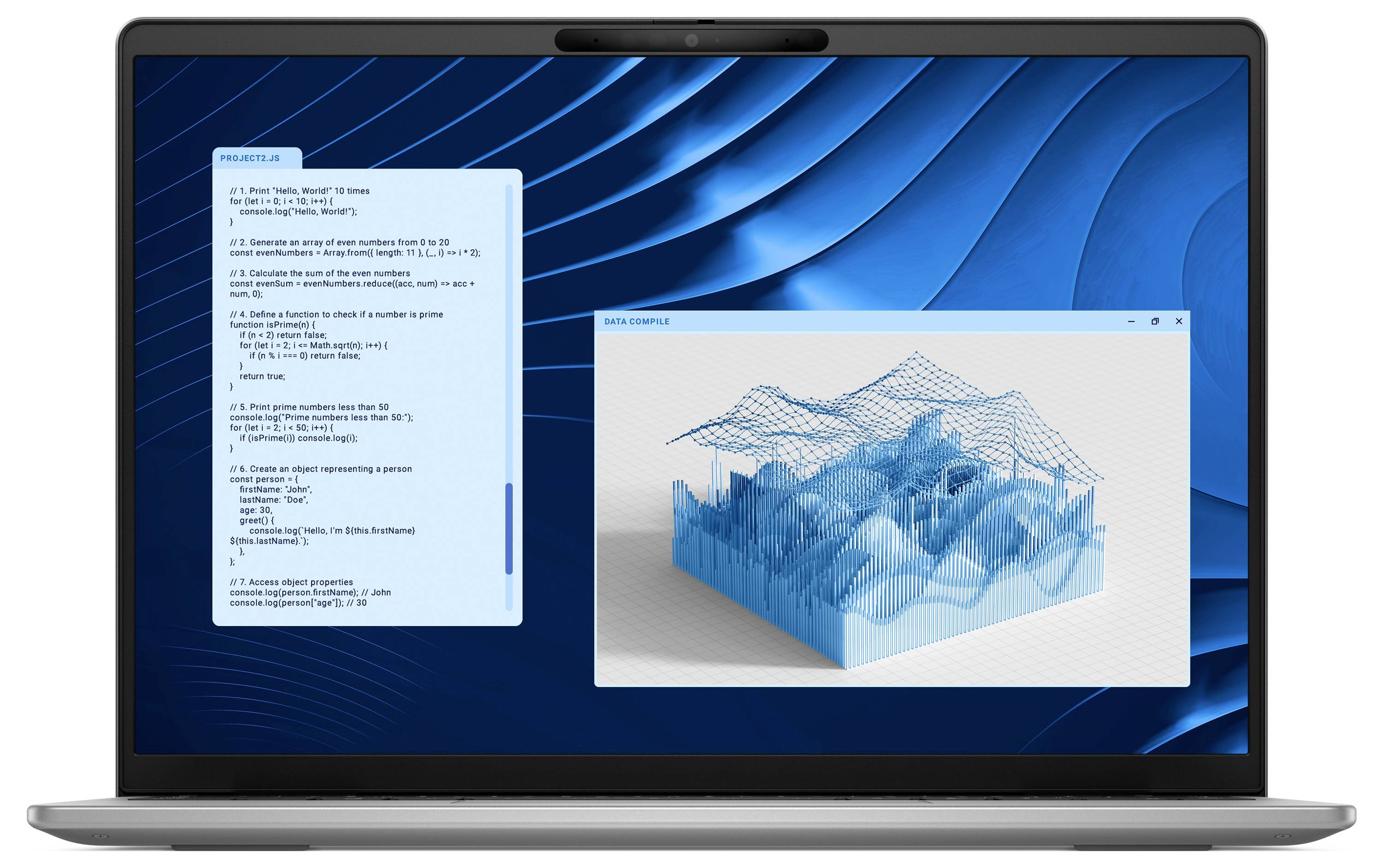 Ein Laptopbildschirm zeigt eine Datenvisualisierung mit einer dreidimensionalen Gitternetzstruktur und einer Liste mit mathematischen Ausdrücken.
