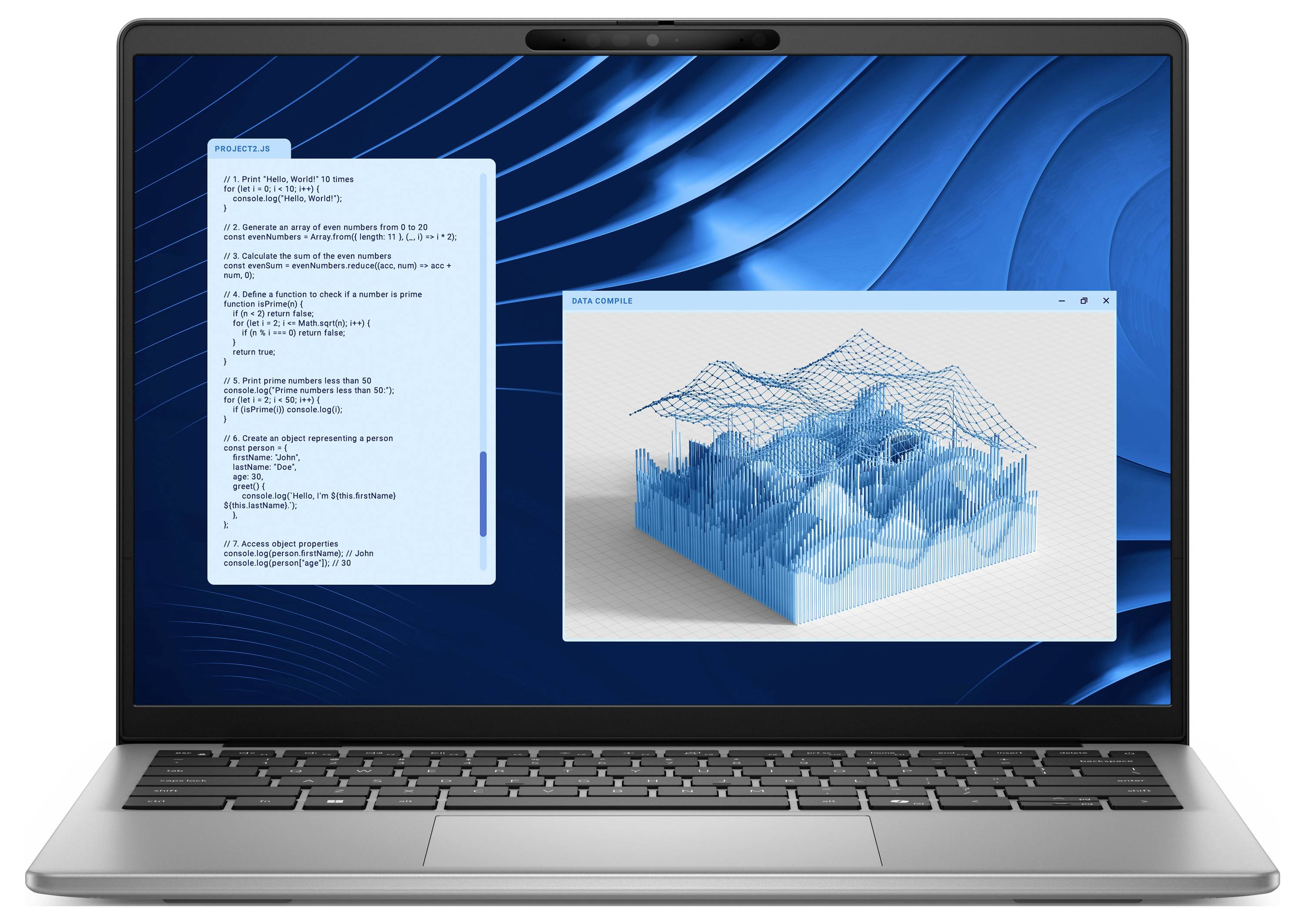 Laptopbildschirm zeigt ein 3D-Diagramm mit unregelmäßigen Wellen und eine Liste mit mathematischen Formeln auf einem blauen Hintergrund.