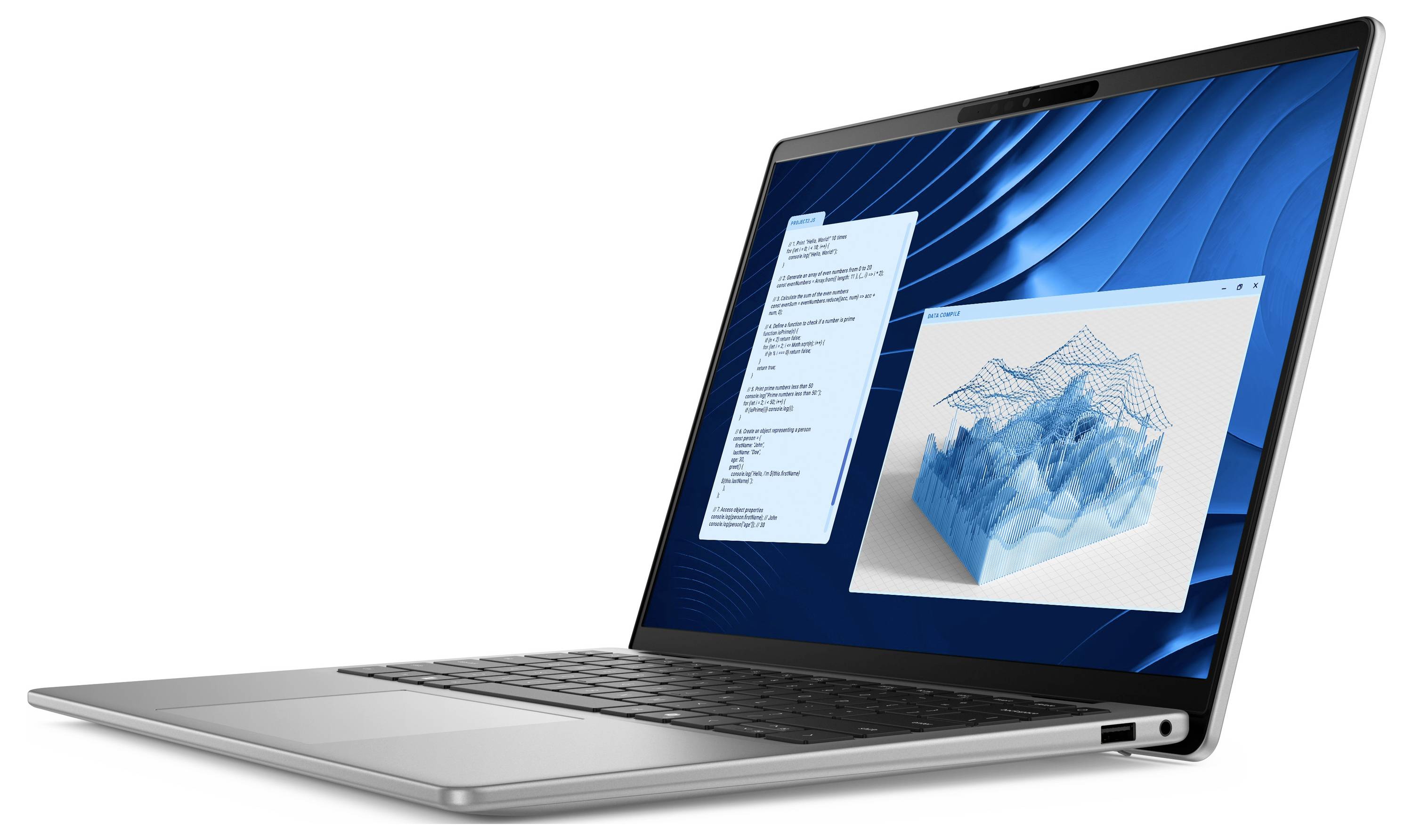 Ein moderner Laptop mit geöffneter 3D-Grafik-Anwendung und Code-Editor auf dem Bildschirm. Das Gerät steht auf einem Tisch.